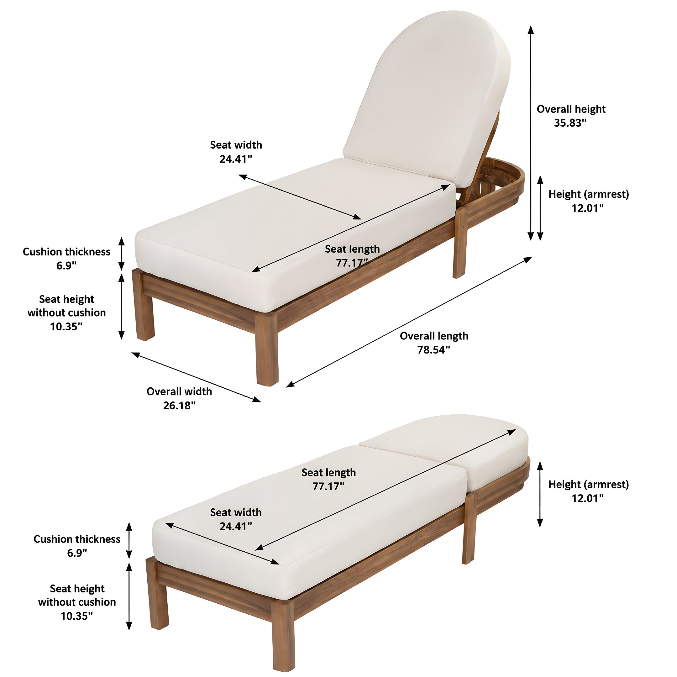 Genuine Acacia Wood Chaise Lounge Chairs with Adjustable Backrest - Set of 2
