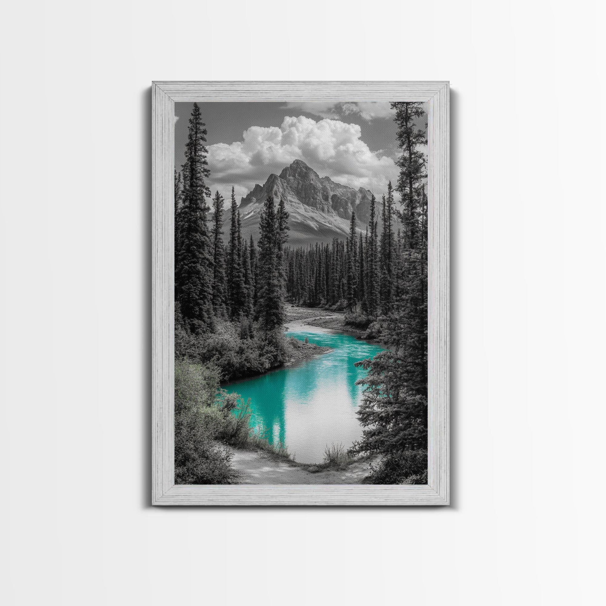 Mountain River, Turquoise Stream, Serene Nature Scene, Canvas Print, Living Room Wall Art, Minimal Landscape Decor, Cabin Vibes