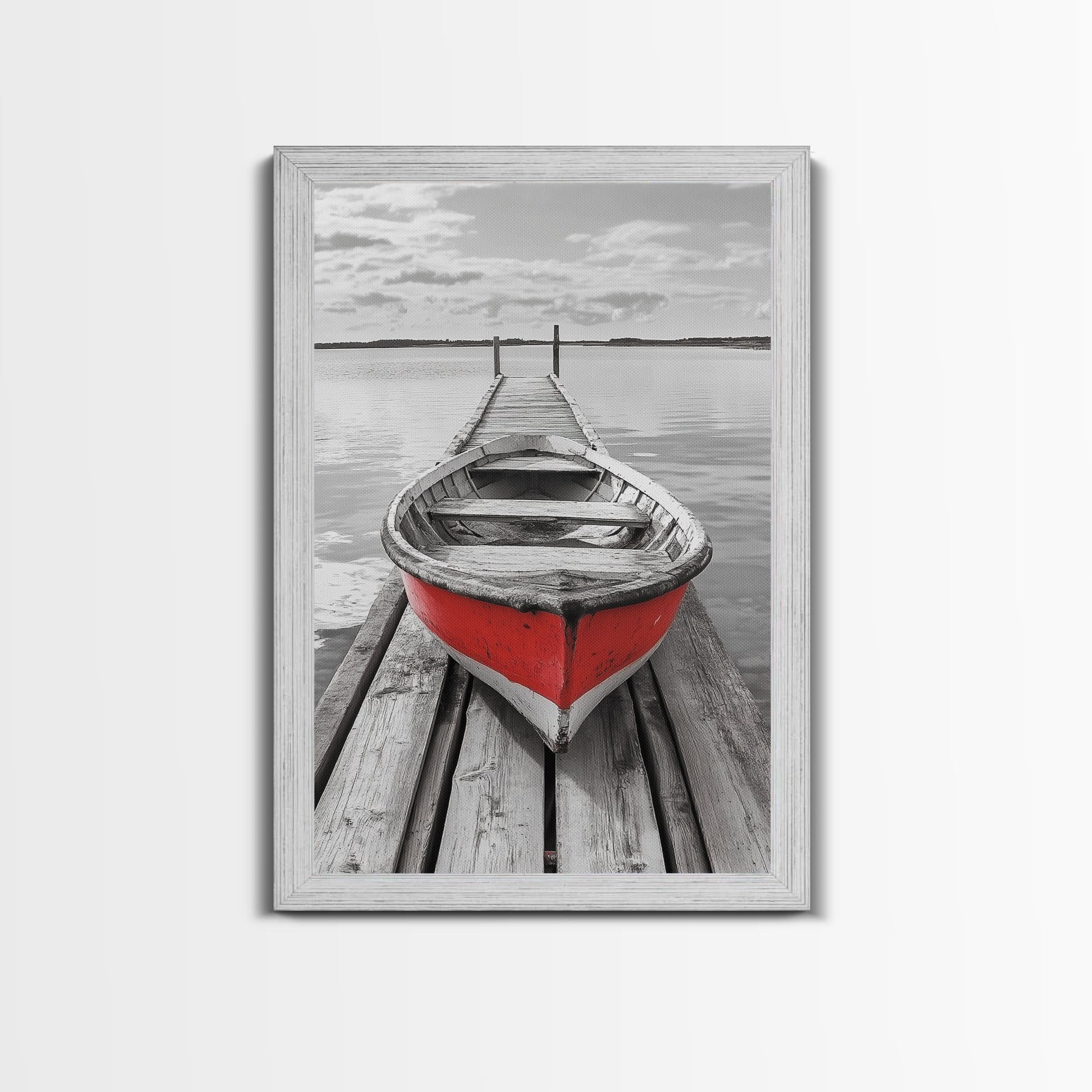 Red Rowboat, Dock Stillness, Minimalist Lake Scene, Canvas Print, Nautical Wall Art, Bathroom Decor, Tranquil Seascape, Coastal Aesthetic