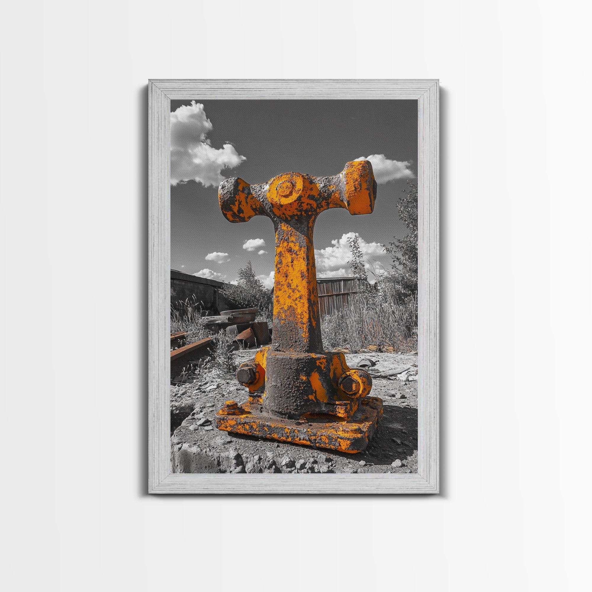 Rusty Bolt, Yellow Steel, Industrial Contrast, Framed Canvas Print, Garage Decor, Workshop Wall Art, Urban Grunge Photography