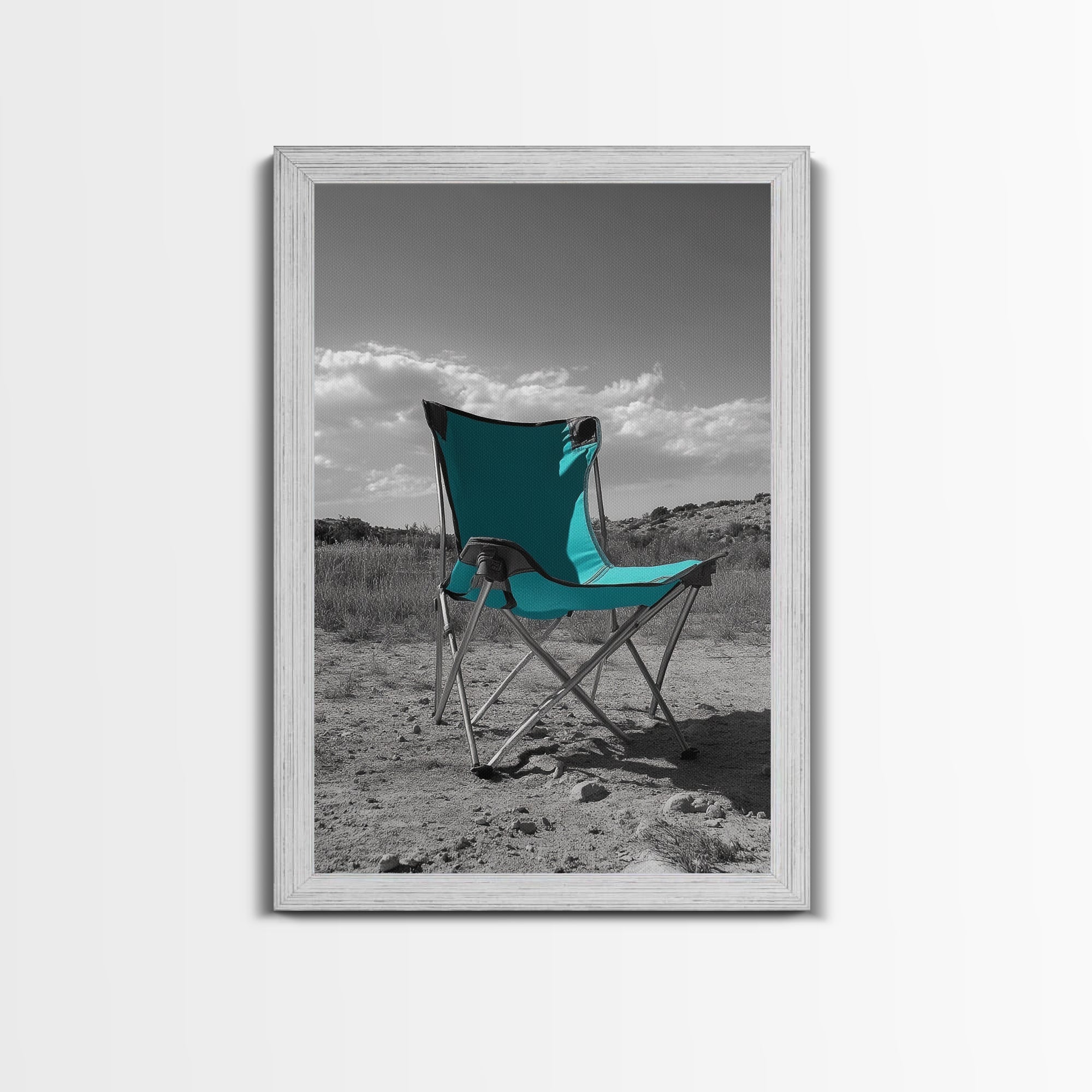 Teal Camp Chair, Outdoor Minimalism, Desert Art, Canvas Print, Camping Wall Decor, Nature Photo, Rustic Retreat, Cabin Wall Art