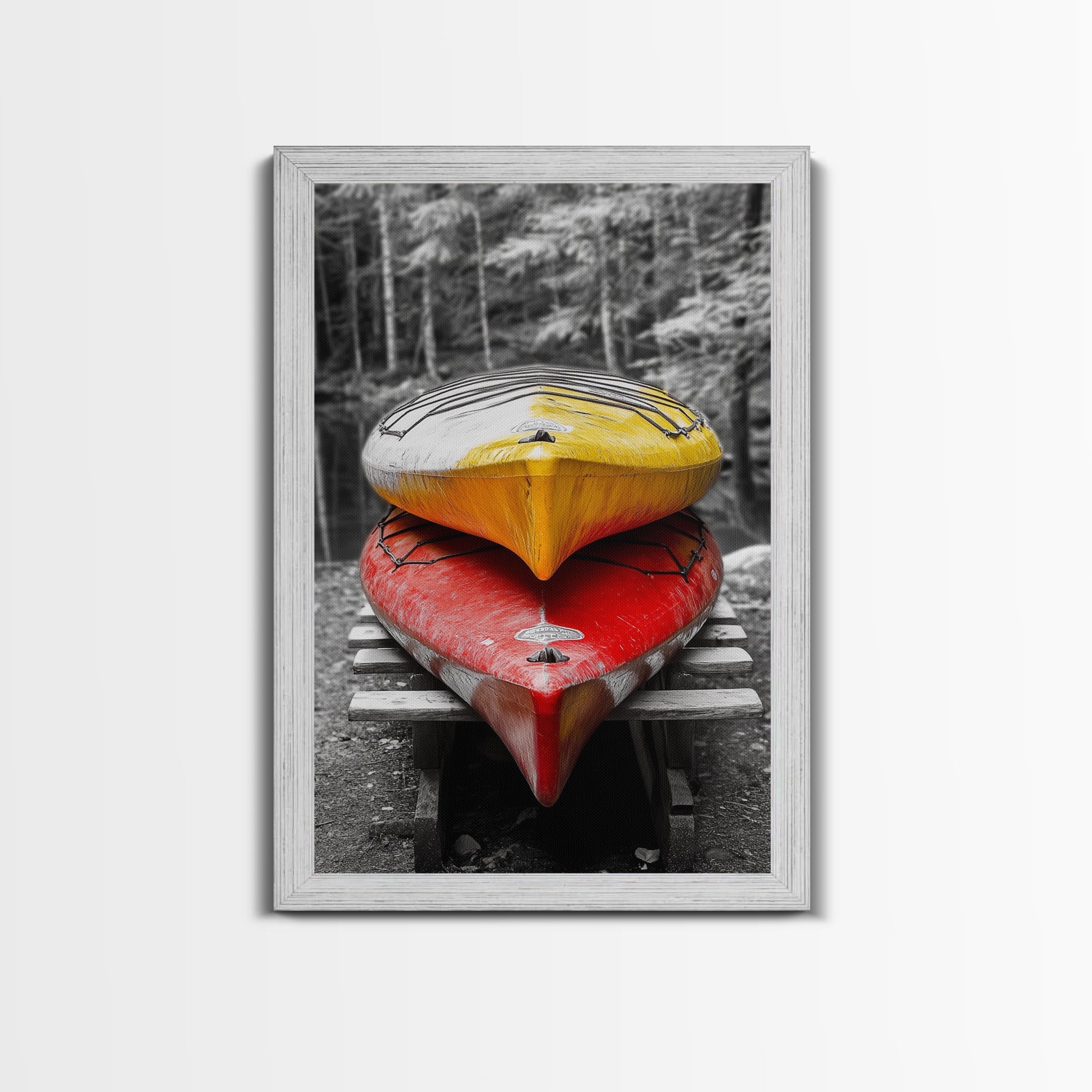 Stacked Kayaks, Red and Yellow, Forest Wall Art
