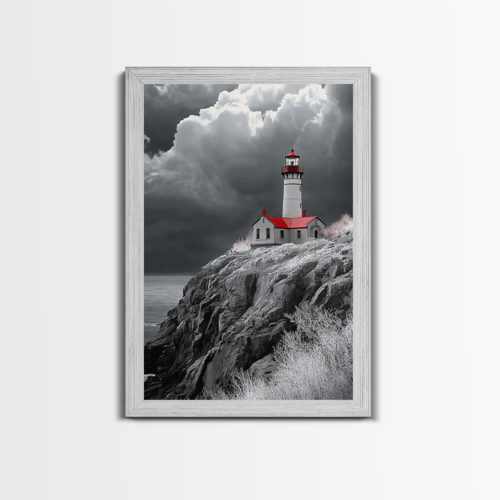 Stormy Lighthouse, Red Roof, Dramatic Coastline, Canvas Print, Coastal Wall Decor, Nautical Art, Living Room Wall Art, Rustic Home Art