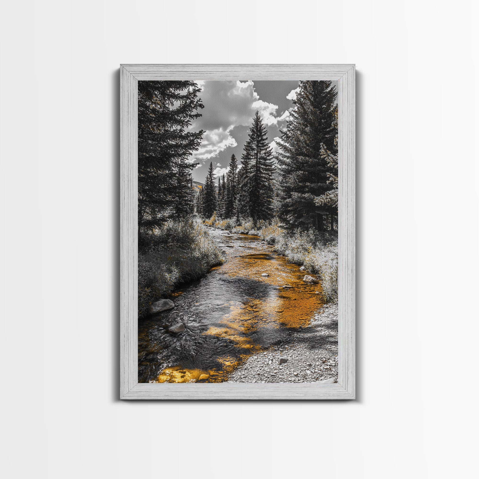 Forest Stream, Autumn Glow, Mountain Trees, Framed Canvas Print, Rustic Cabin Wall Art, Nature Photography, Fall Landscape Decor