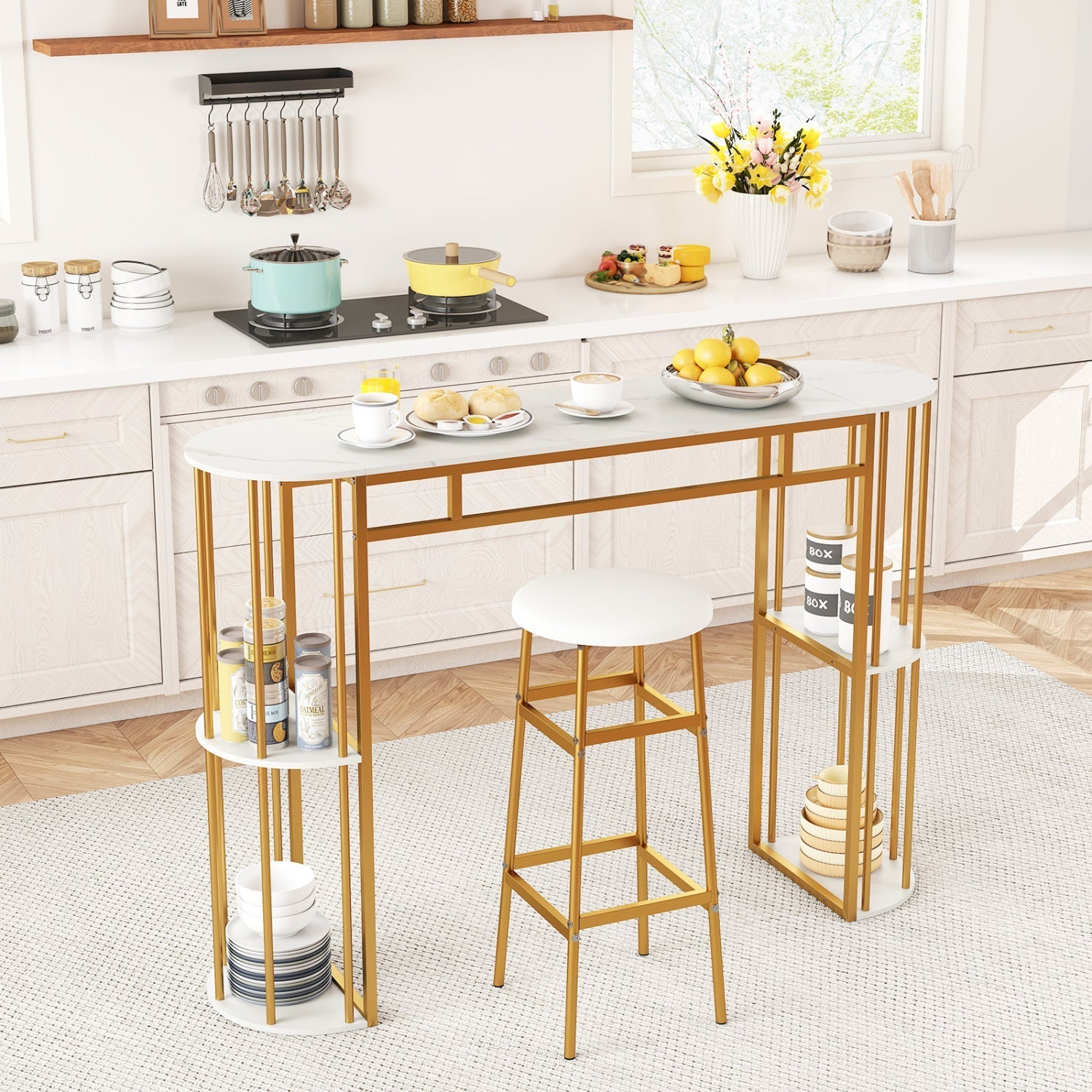 60 Inch Long Bar Table Narrow with Faux Marble Tabletop