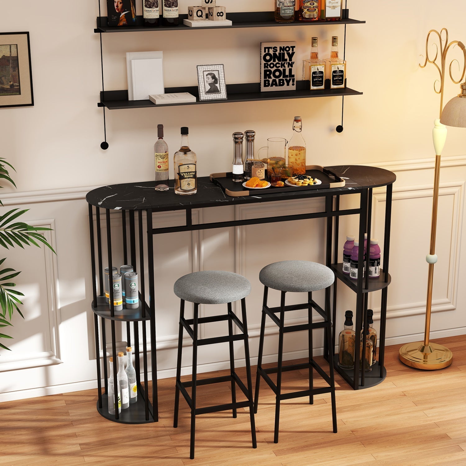 60 Inch Long Bar Table Narrow with Faux Marble Tabletop