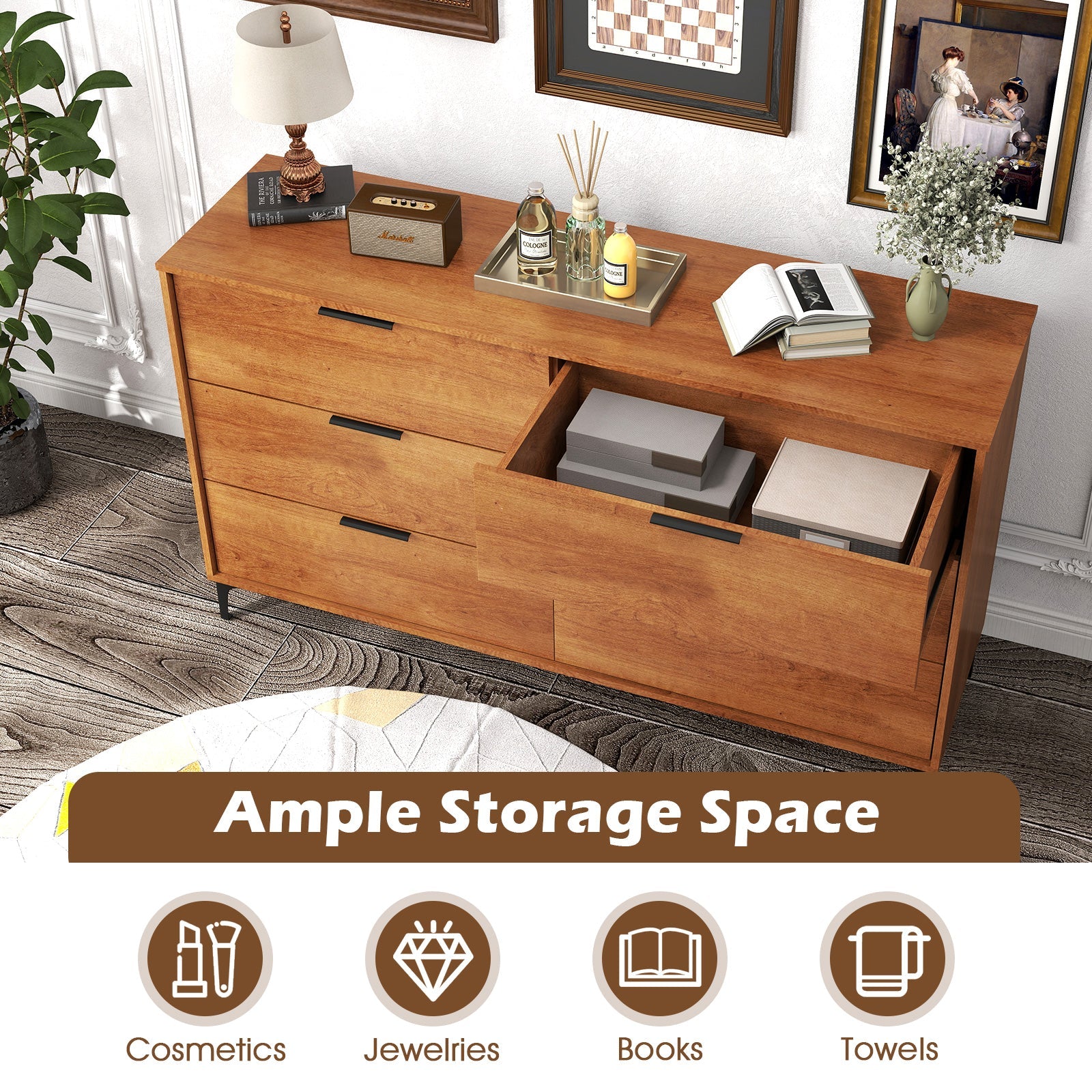 6-Drawer Dresser with Interlock System for Bedroom Living Room-Cherry