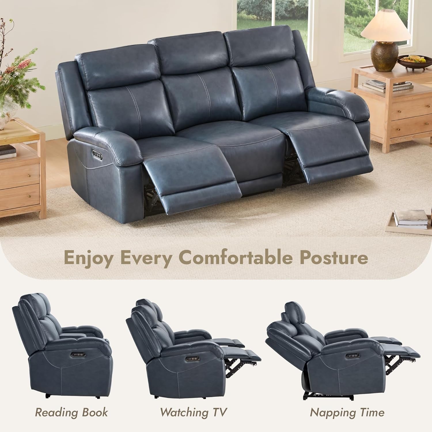 Navy Leather Power Recliner Sofa