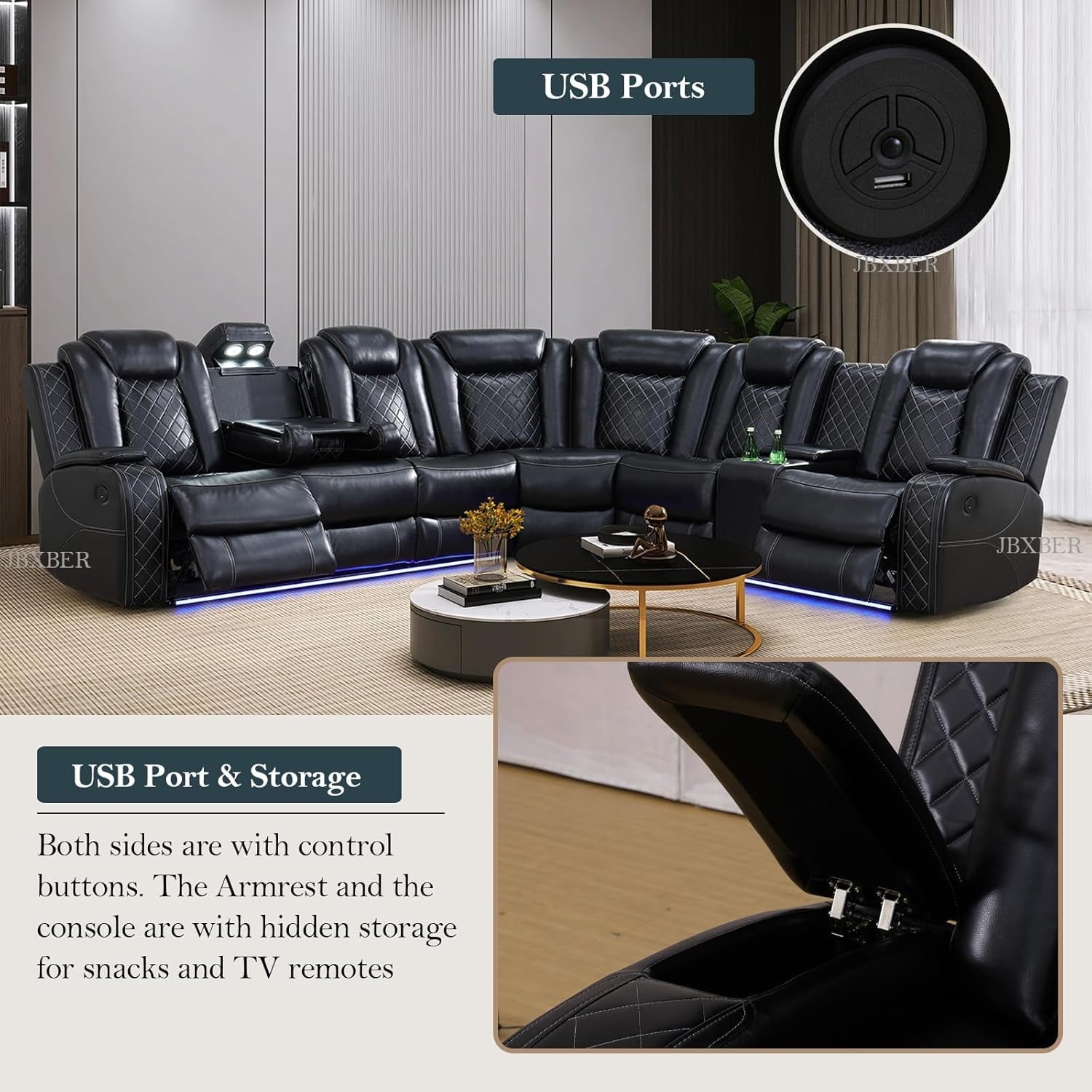 Transformer Power Recliner Sectional Sofa Set In Black With Led Lights