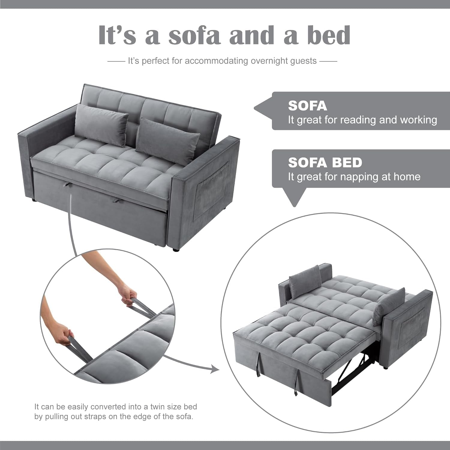 54 Inches Convertible Sofa Bed With Adjustable Backrest