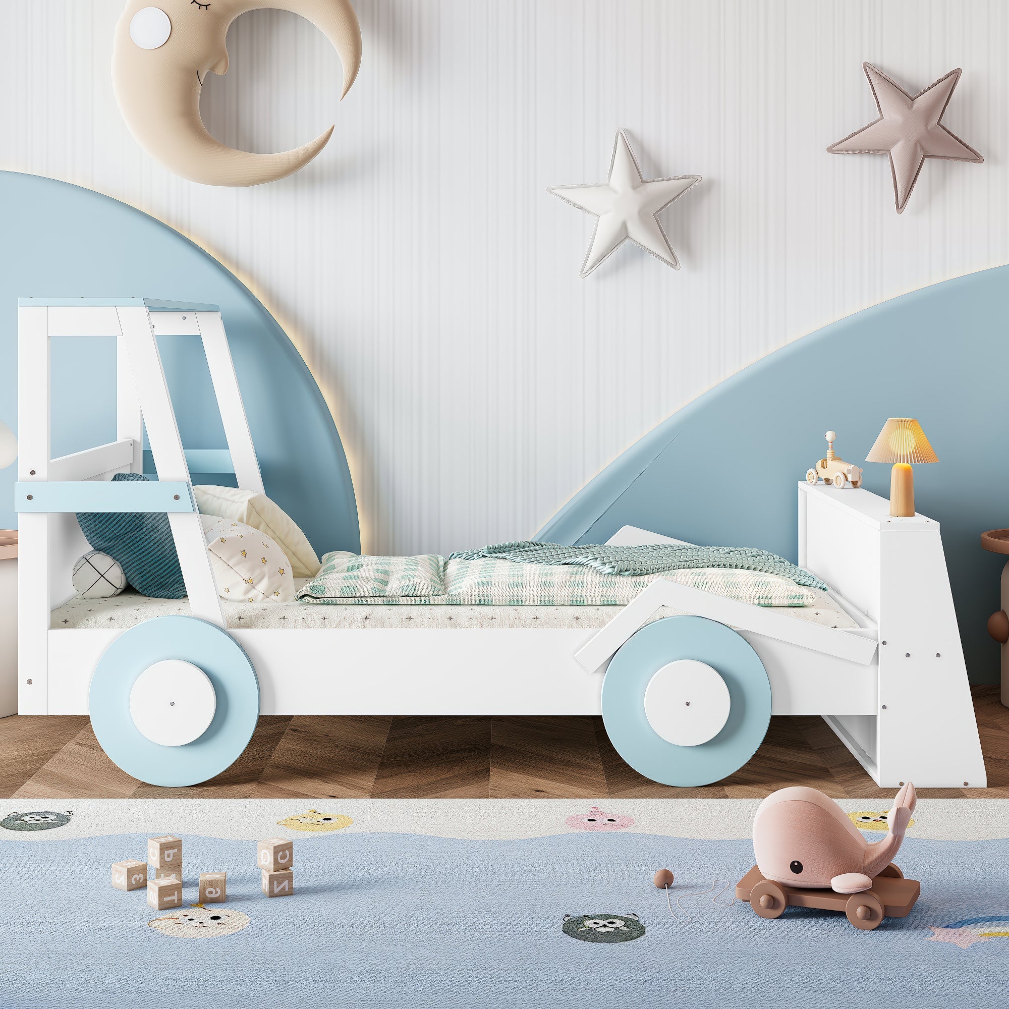 Twin Size Car Bed with Storage Shelves, Kids Platform Bed