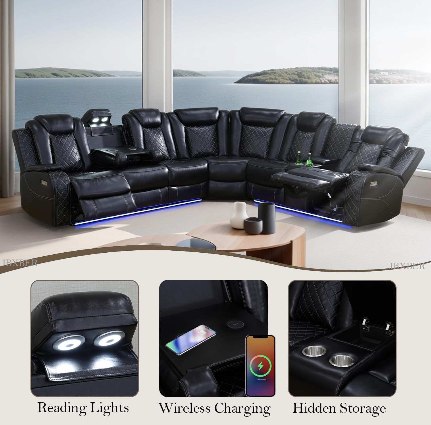 Transformer Power Recliner Sectional Sofa Set In Black With Led Lights