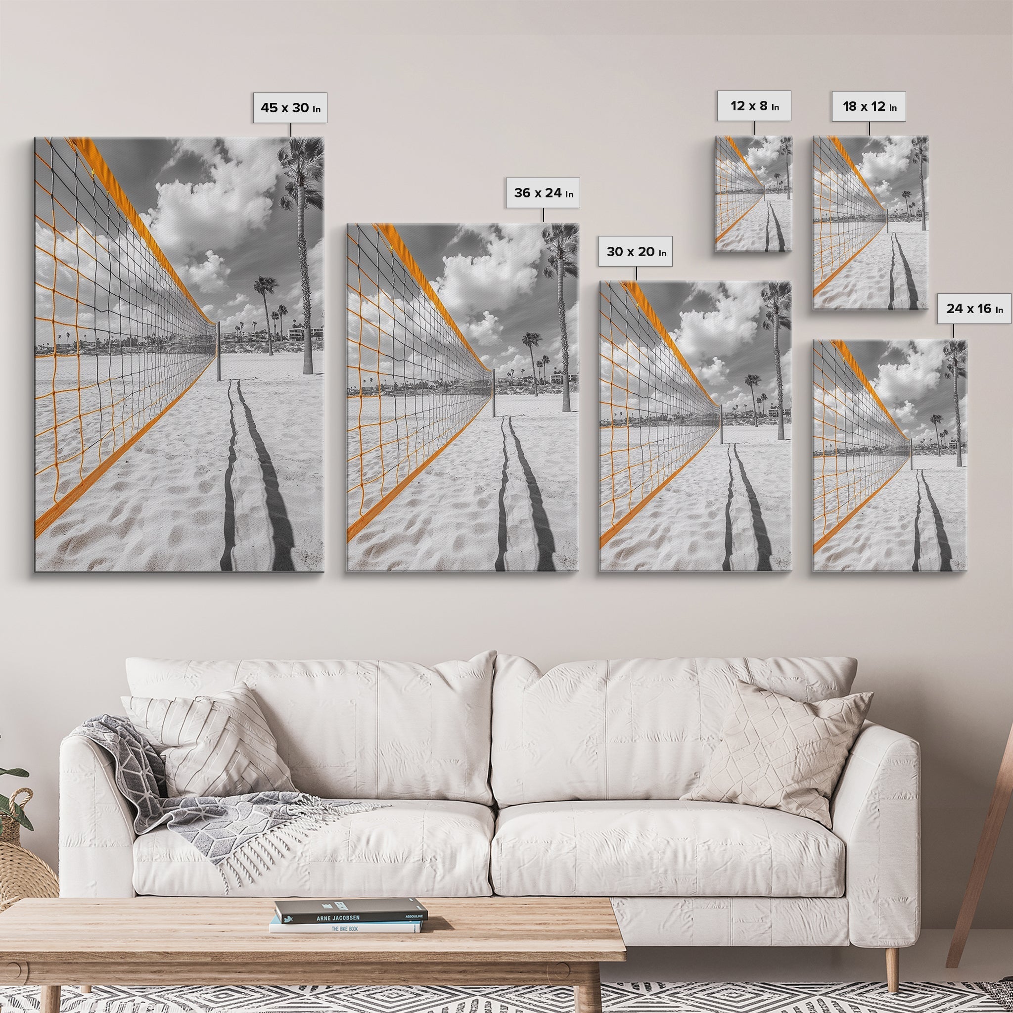 Volleyball Court, Sand and Net, Coastal Play, Framed Canvas Print, Sports Wall Art, Teen Room Decor, Summer Athletic Beach Vibes