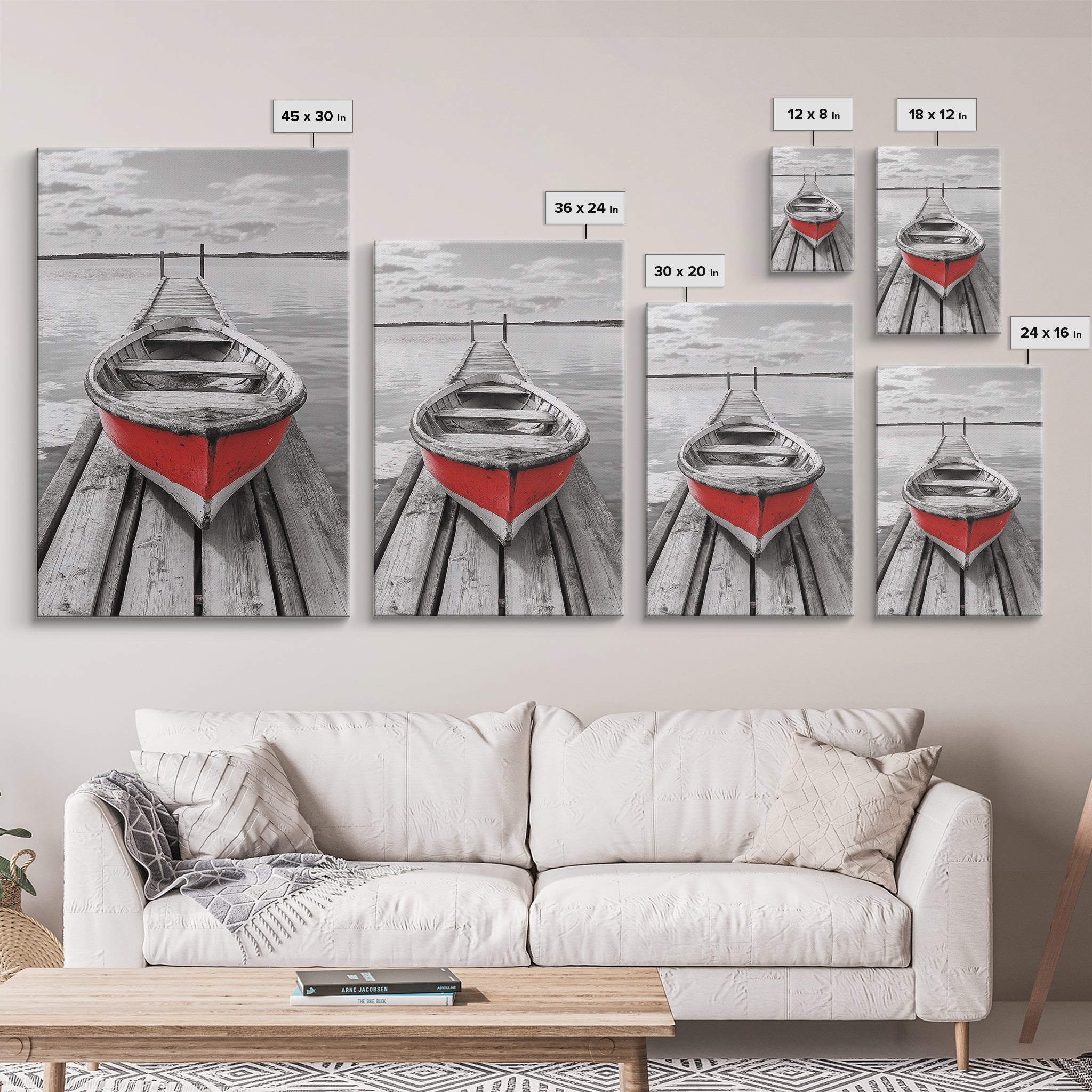 Red Rowboat, Dock Stillness, Minimalist Lake Scene, Canvas Print, Nautical Wall Art, Bathroom Decor, Tranquil Seascape, Coastal Aesthetic