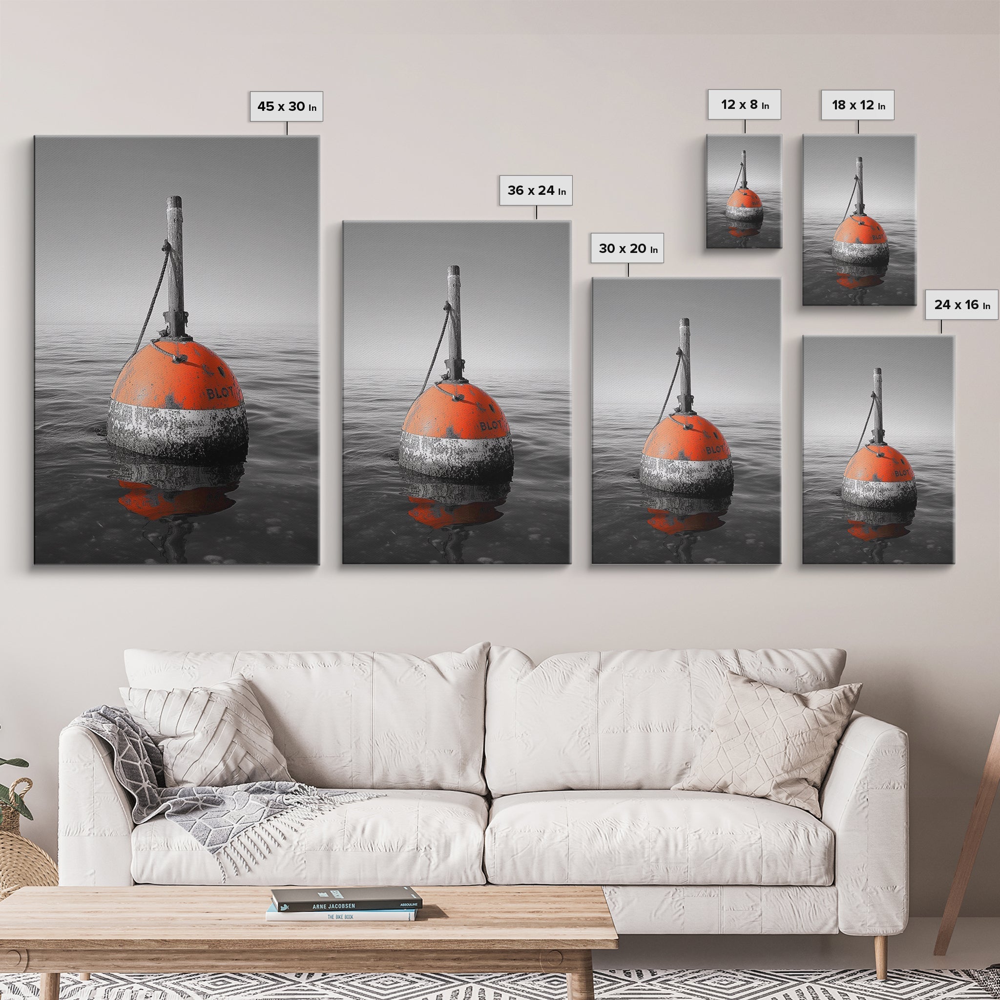 Ocean Buoy, Red Marker, Maritime Minimalism, Canvas Print, Coastal Bathroom Art, Nautical Wall Decor, Marine Industrial Aesthetic