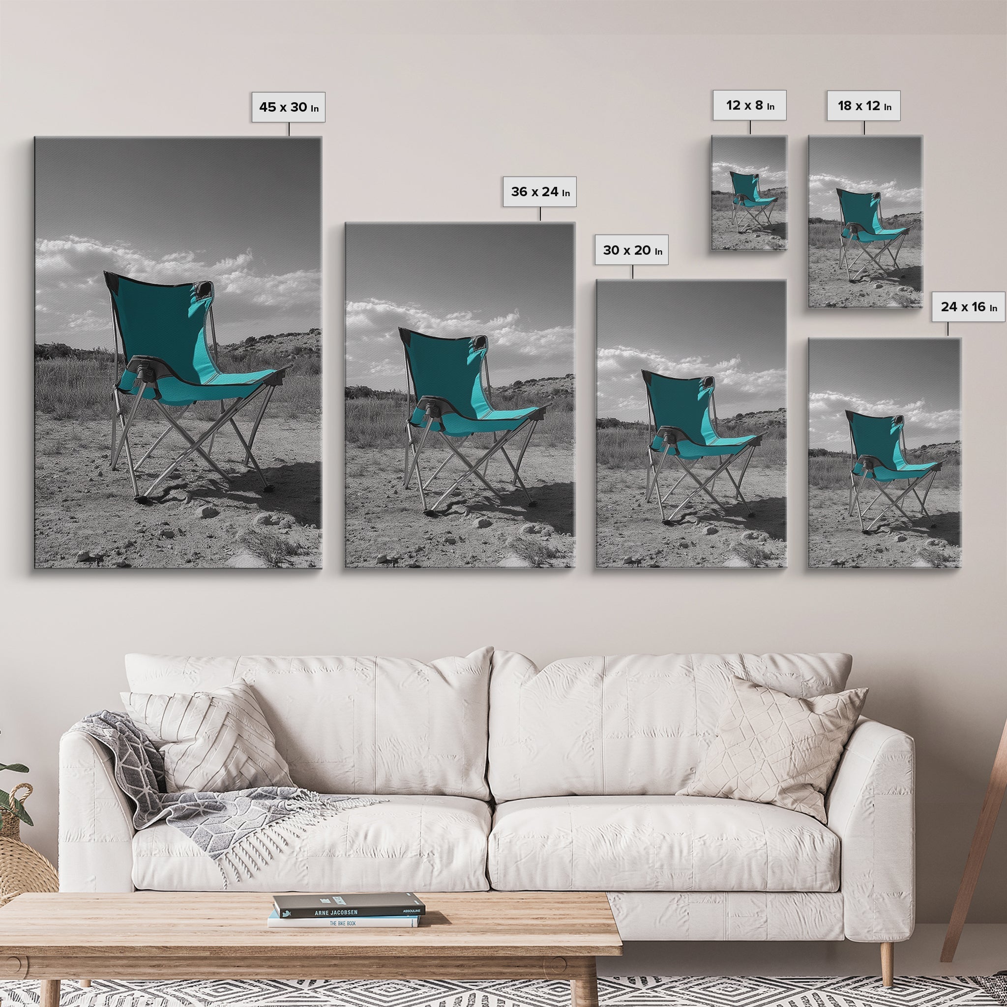 Teal Camp Chair, Outdoor Minimalism, Desert Art, Canvas Print, Camping Wall Decor, Nature Photo, Rustic Retreat, Cabin Wall Art