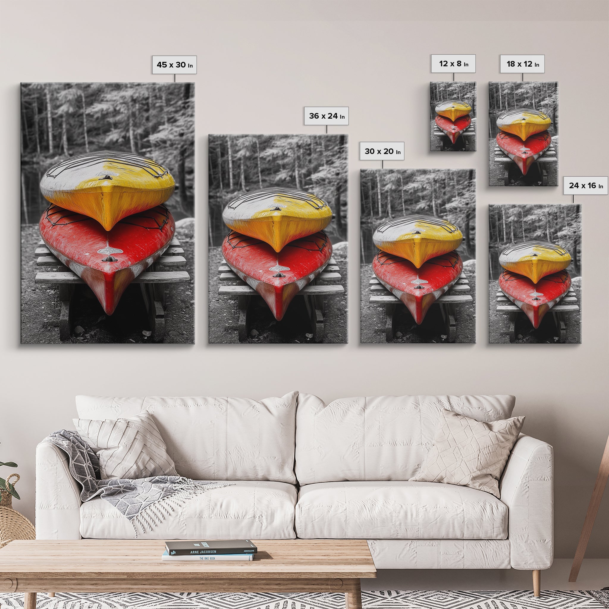 Stacked Kayaks, Red and Yellow, Forest Wall Art