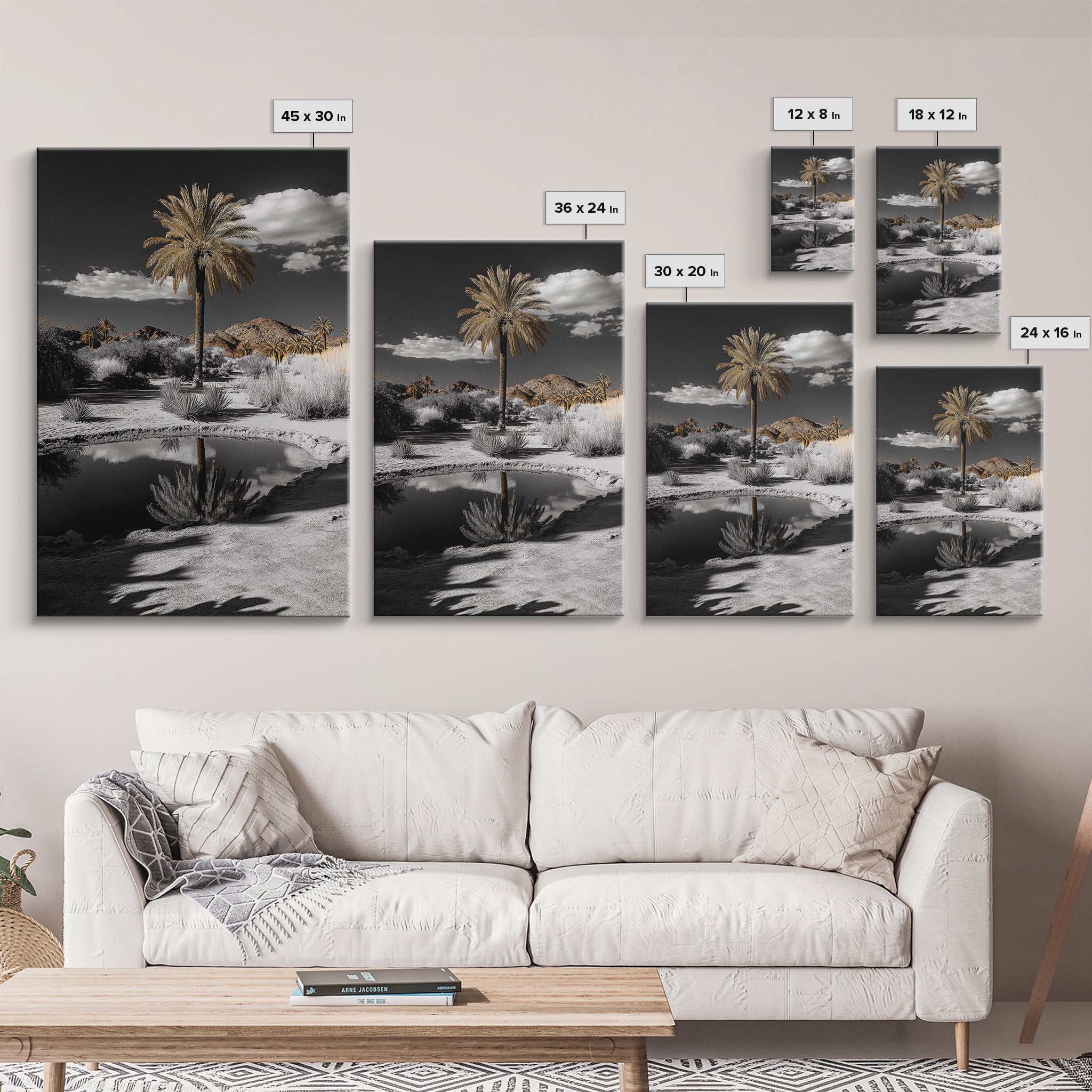 Palm Tree, Desert Oasis, Reflection Pond, Framed Canvas Print, Tropical Wall Art, Boho Decor, Minimalist Landscape Photography
