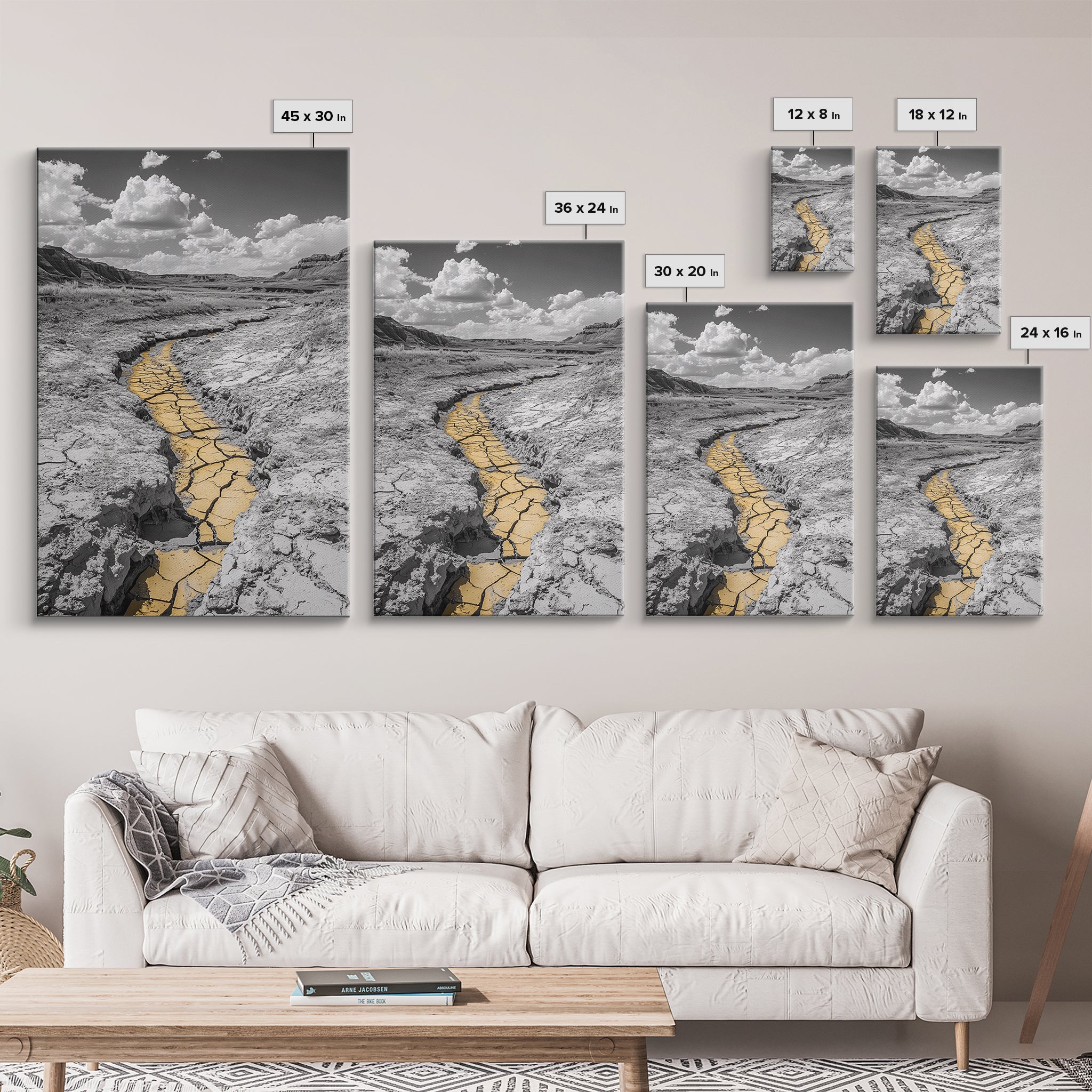 Desert Riverbed, Yellow Crack Trail, Dry Earth Path, Framed Canvas Print, Southwestern Wall Art, Minimalist Nature Decor, Earth Tone Style