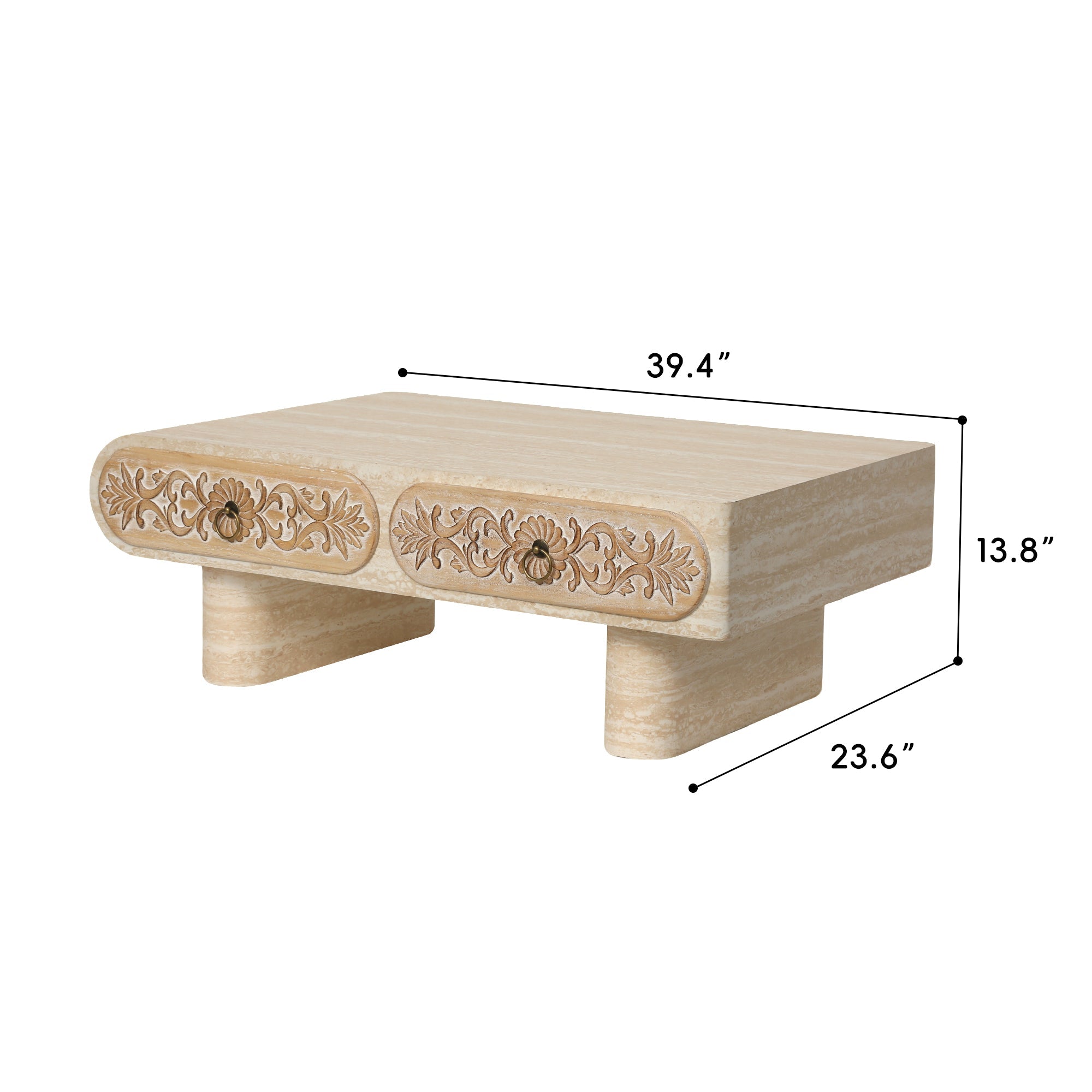 Rounded Edge Coffee Table with Flower Pattern Solid Wood Drawer
