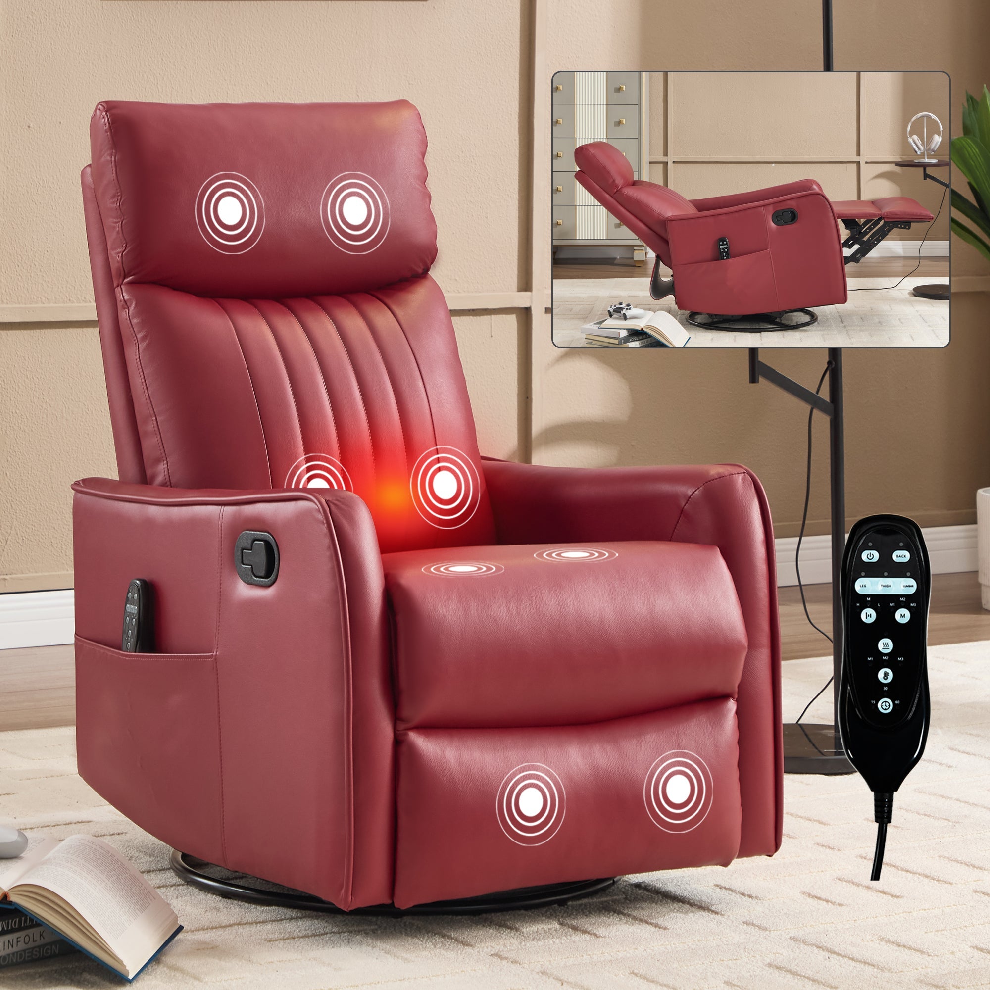 Red Faux Leather Heat Massage Manual Recliner Chair