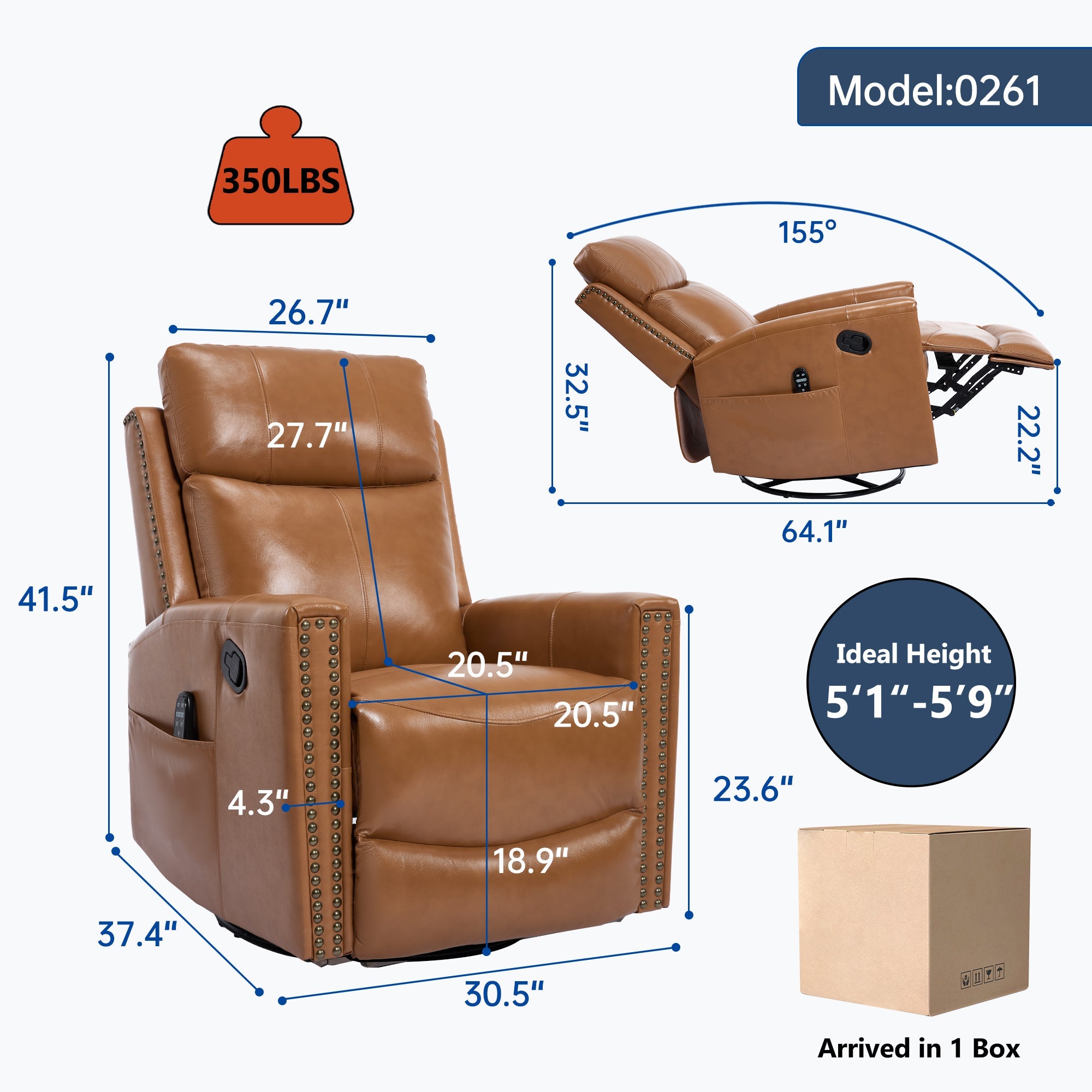 Genuine Leather Heat Massage Manual Recliner Chair