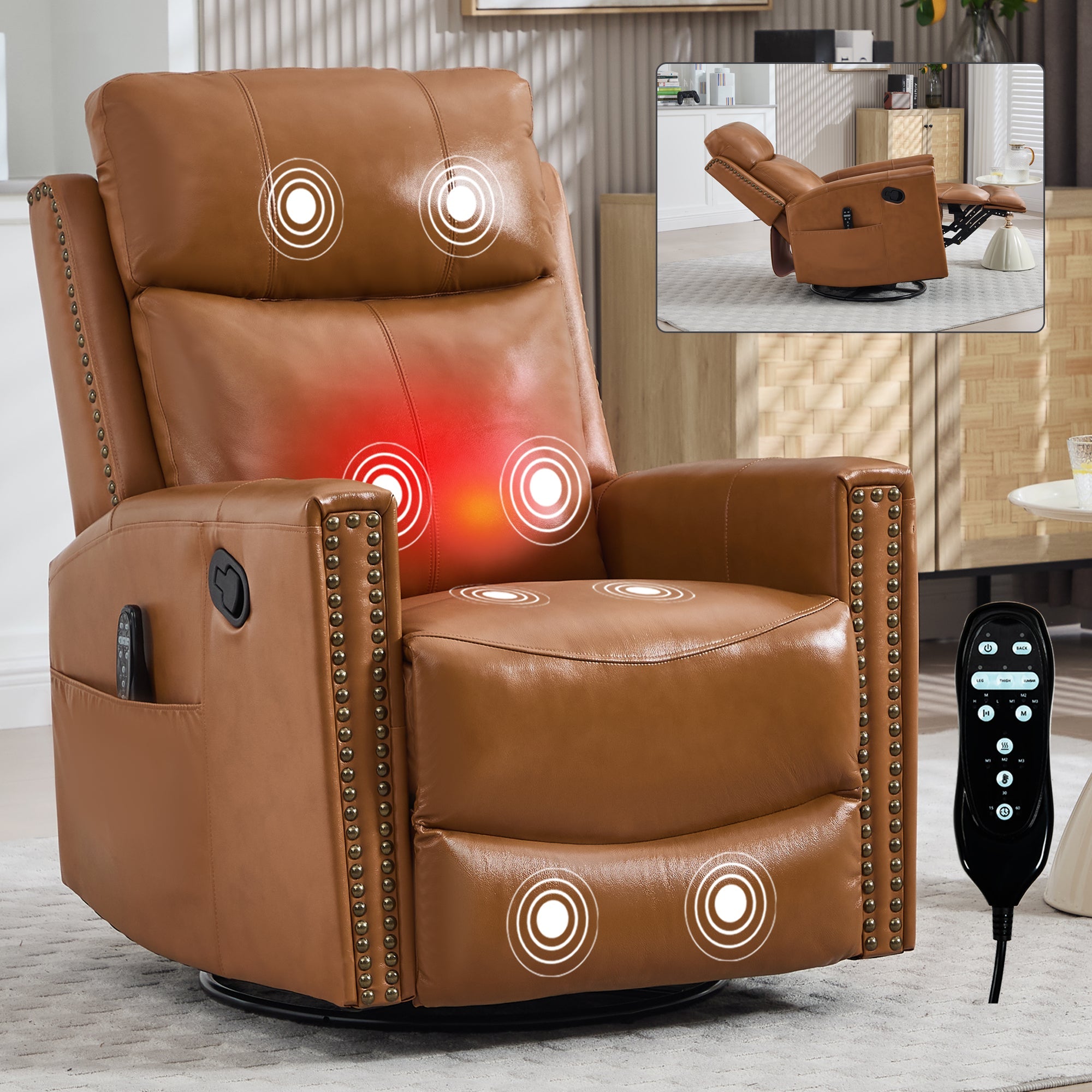 Genuine Leather Heat Massage Manual Recliner Chair