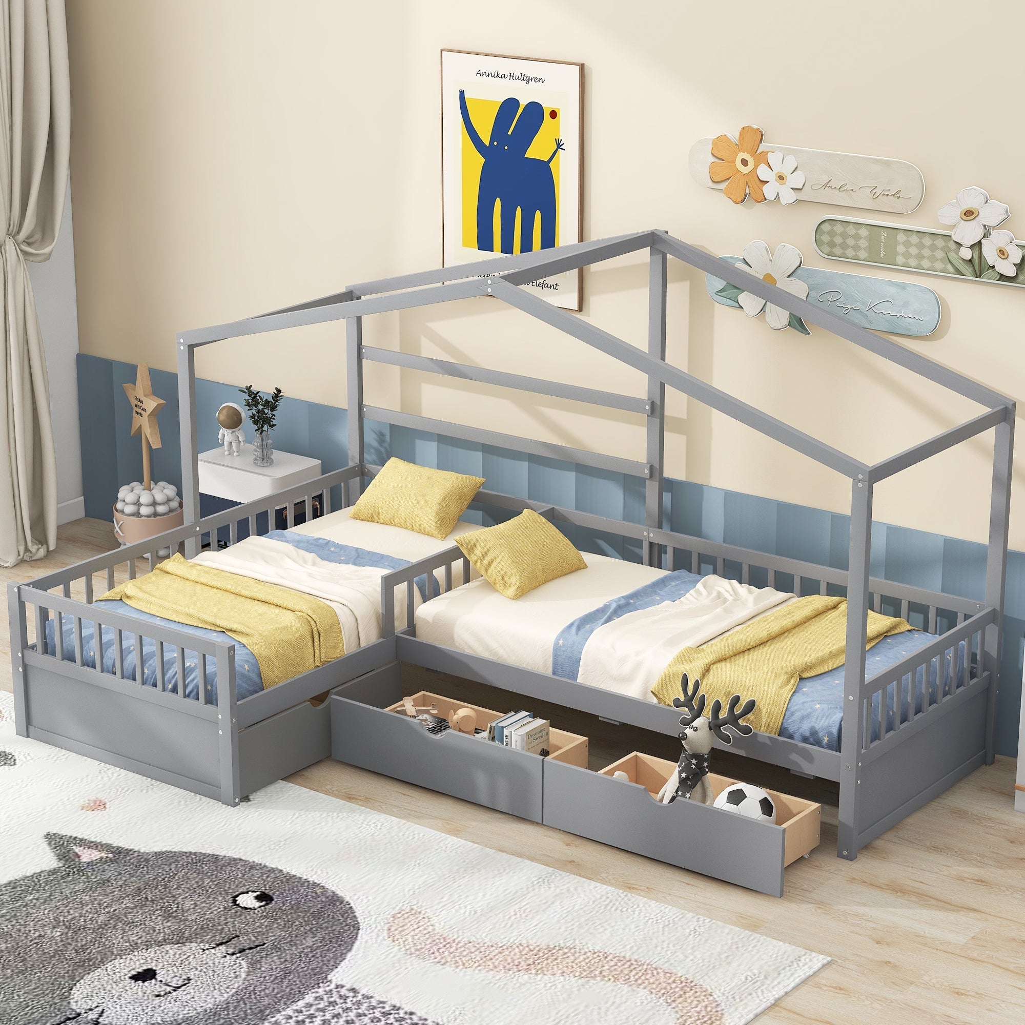 Twin Size House Platform Bed with Three Storage Drawers