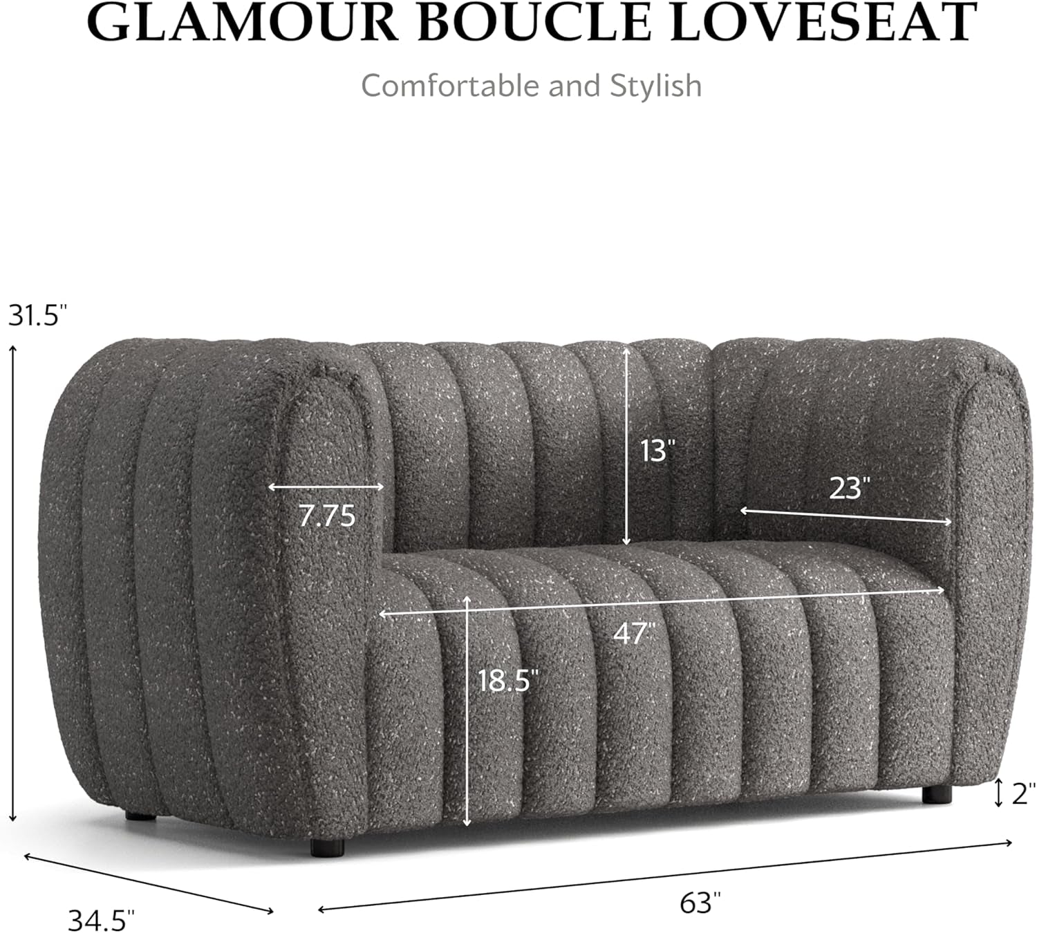 Charcoal Gray Vertical Channel Tufted 3 Piece Sofa Set
