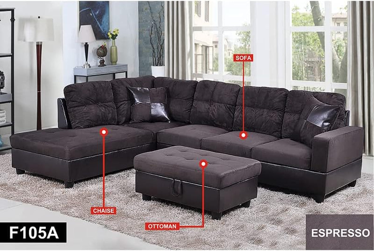 Ponliving Espresso L Shaped Sectional Sofa Set Left Hand Facing