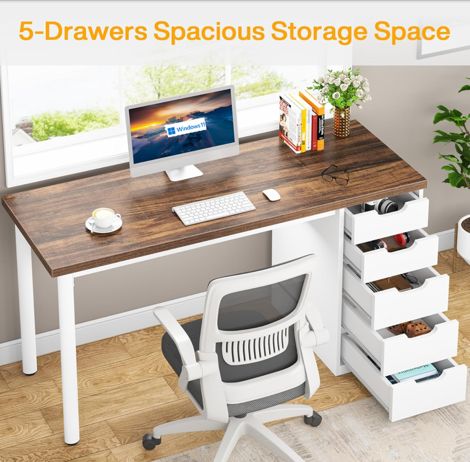 Computer Desk with 5 Drawers - 47 Inch Rustic Design