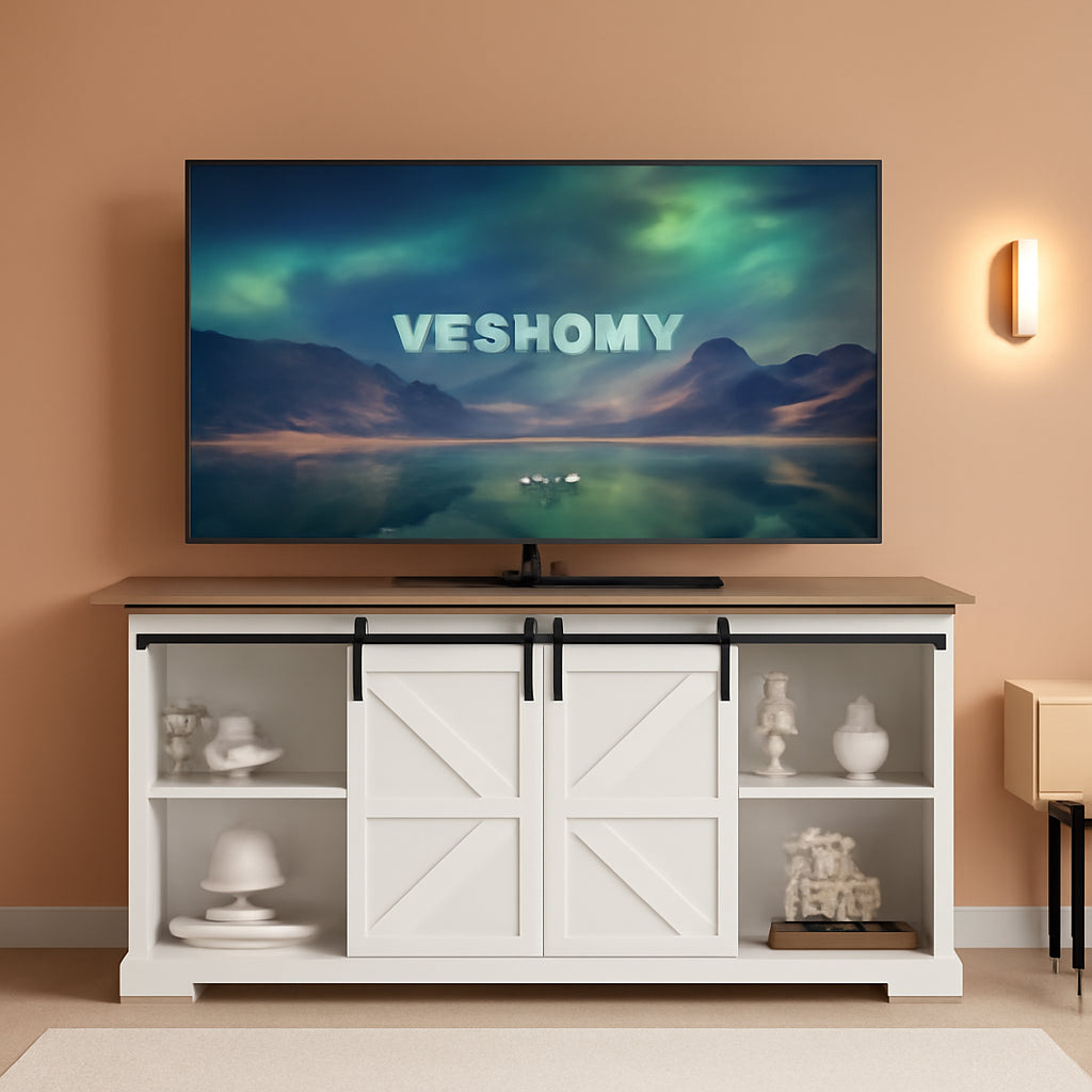 White TV Stand With Sliding Barn Doors For Living Room
