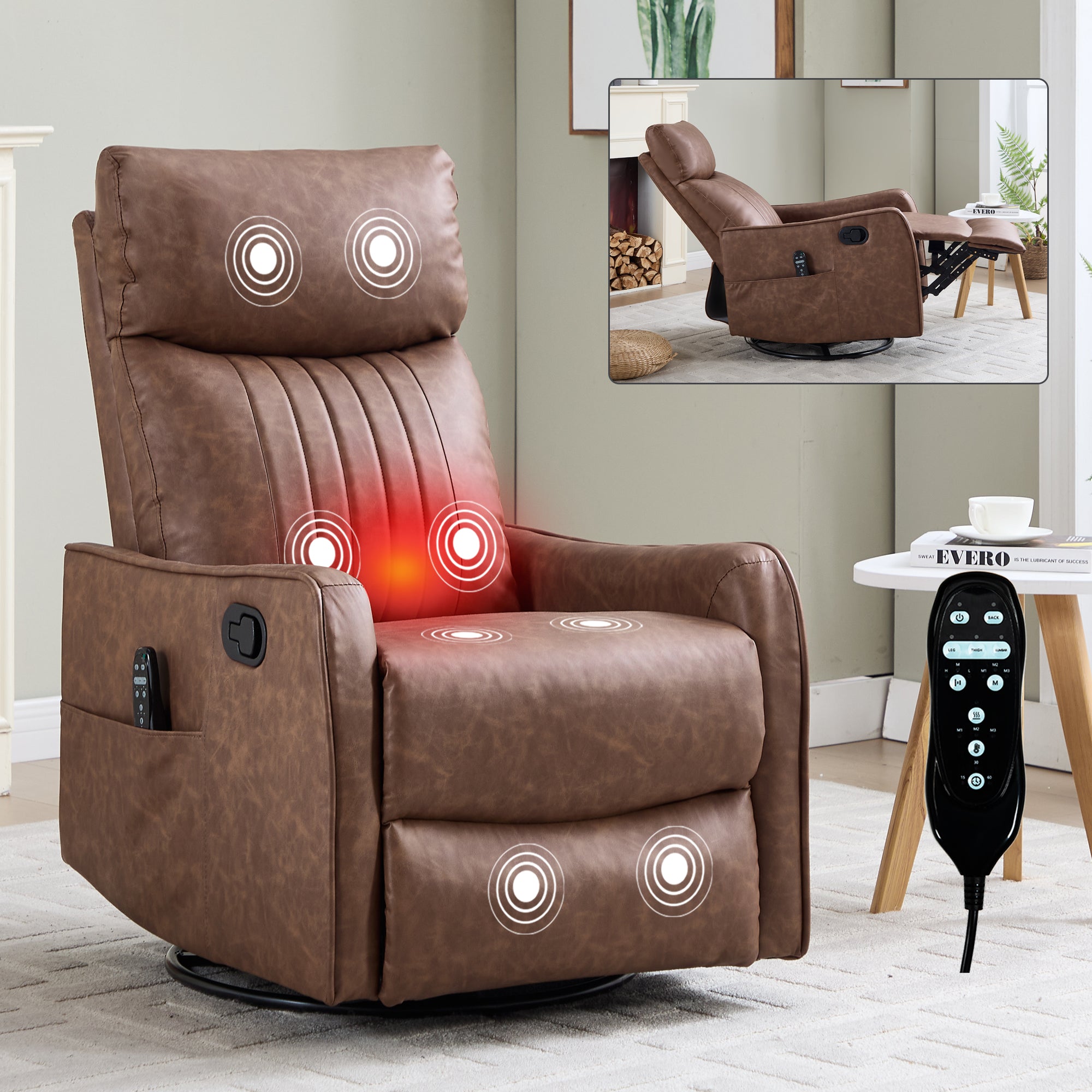 Brown Heat Massage Manual Recliner Chair with Rocker and Swivel