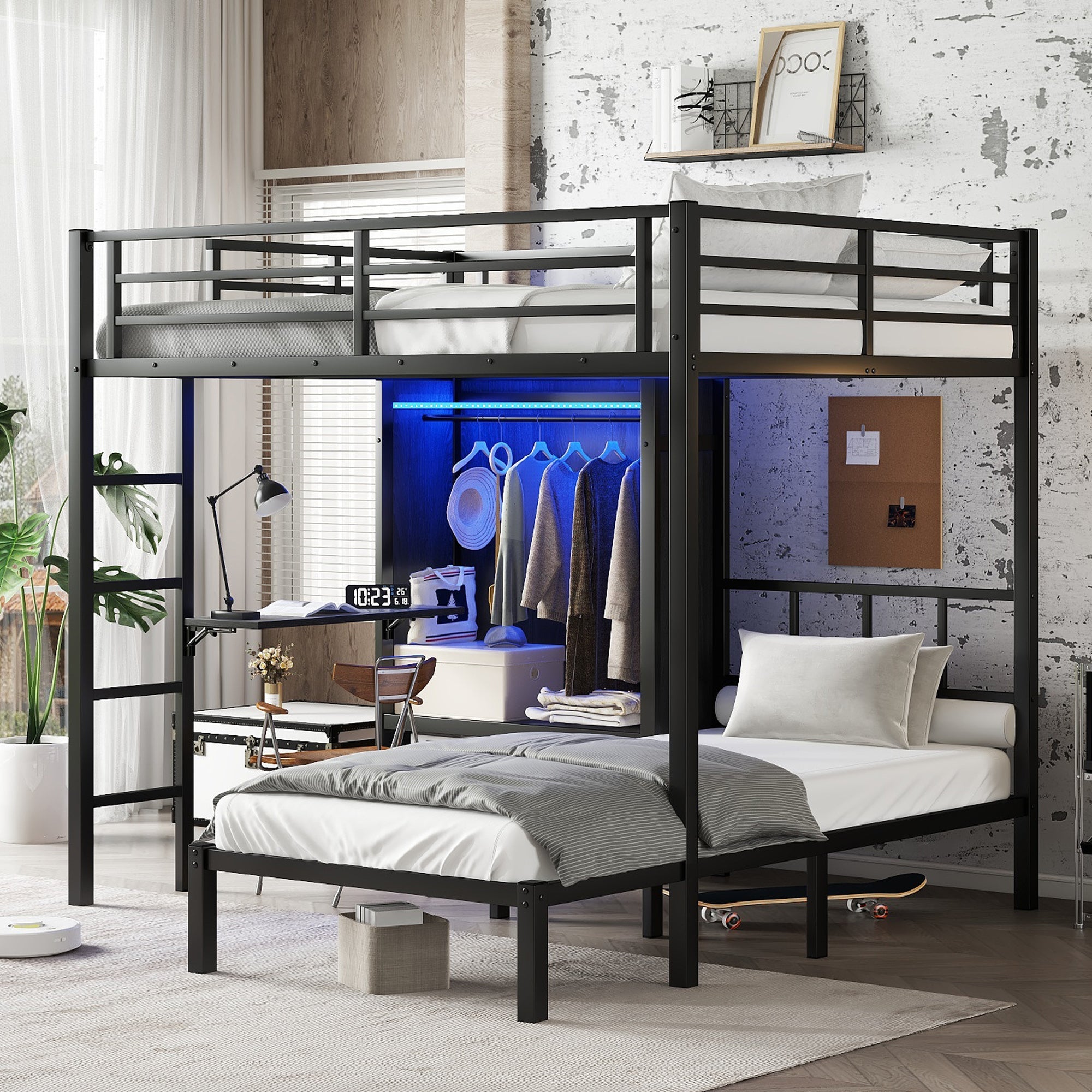 Full XL Over Twin Metal Bunk Bed with Folding Desk and LED Closet