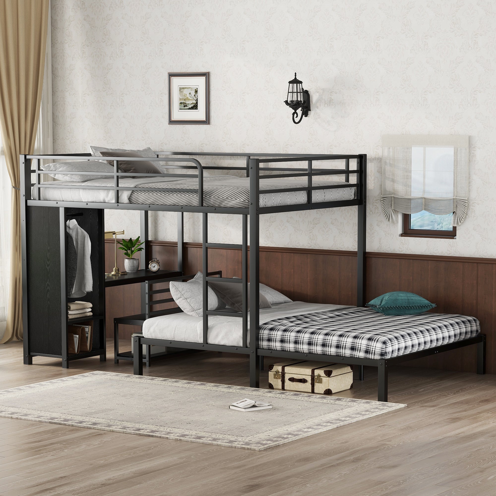Queen Over Queen Size Bunk Bed Frame with Built-in Wardrobe