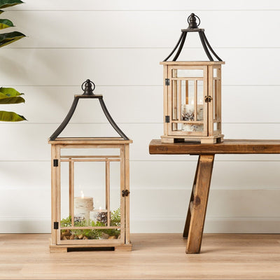 Set of 2 Natural Wood Lanterns with Open Metal Lid