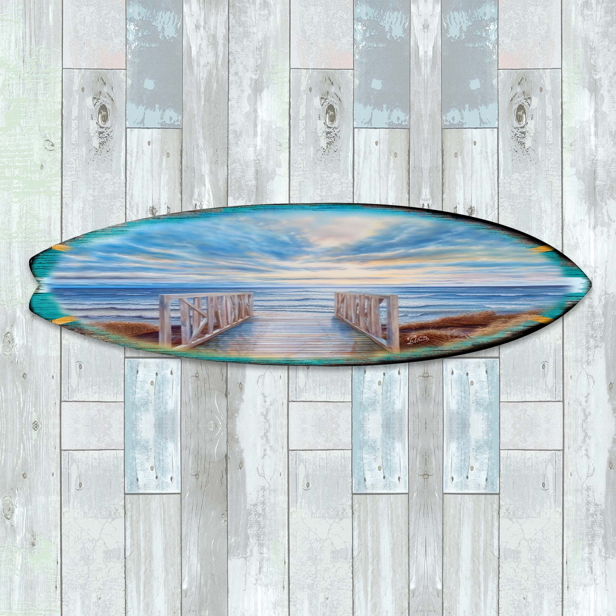 Wooden Pier Surfboard Coastal Wall Art