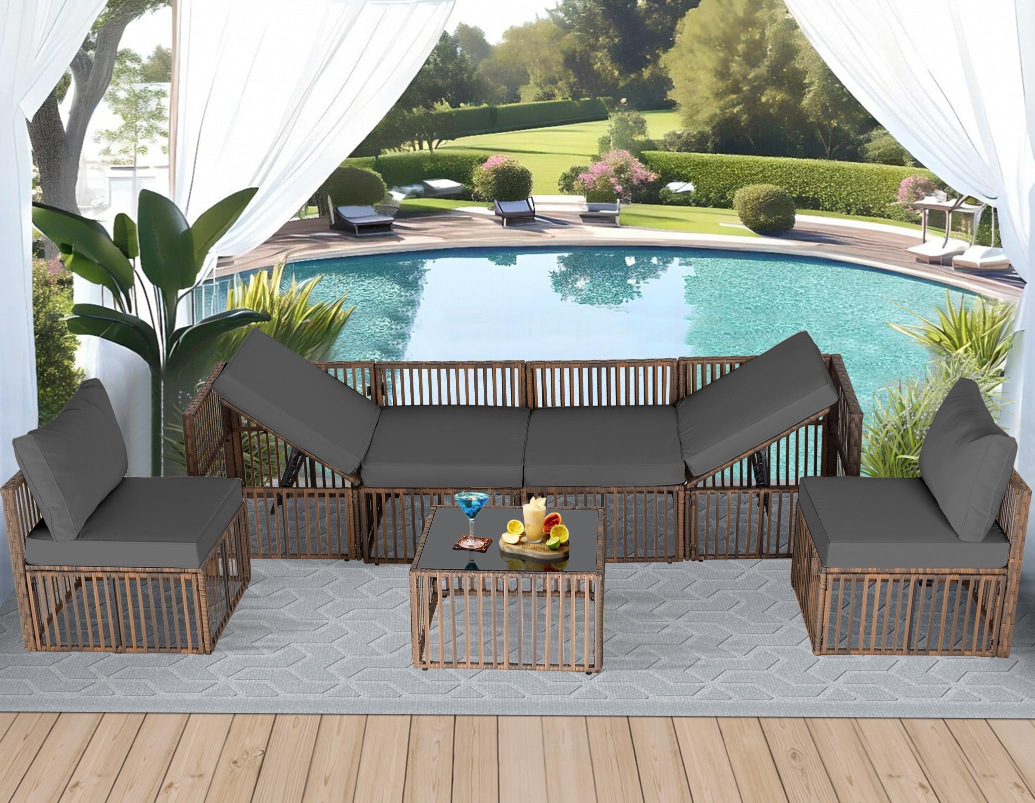 Ainfox Outdoor Patio Furniture Set, Wicker Sectional Conversation Set with Adjustable Backrest Sofa