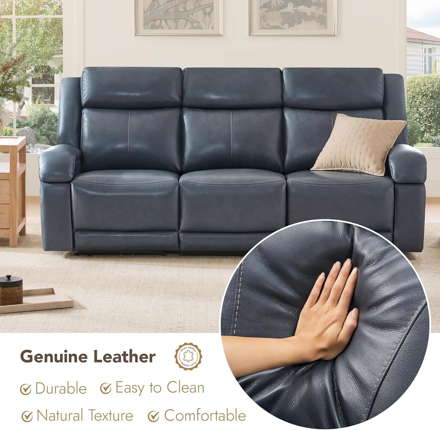 Navy Leather Power Recliner Sofa