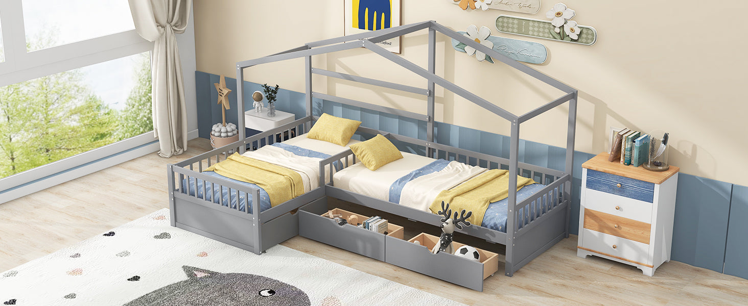 Twin Size House Platform Bed with Three Storage Drawers