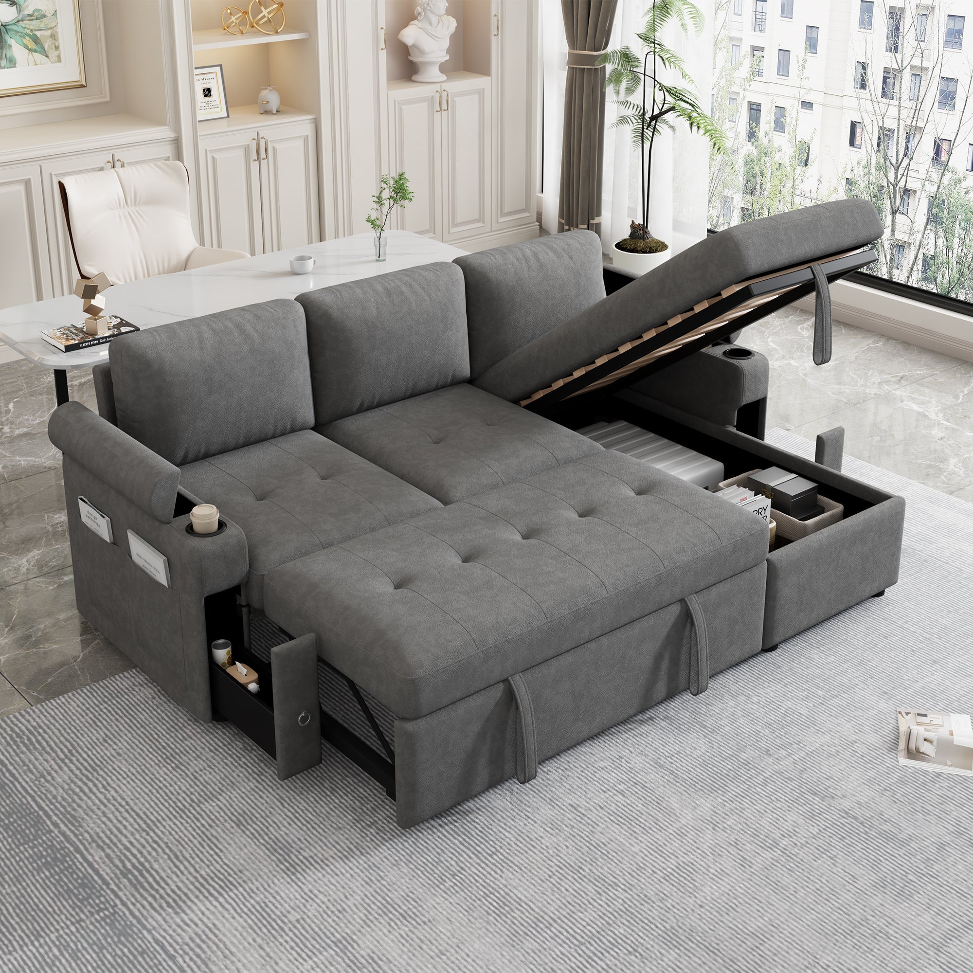L-Shaped Sofa Couch Convertible Sofa Bed with Storage
