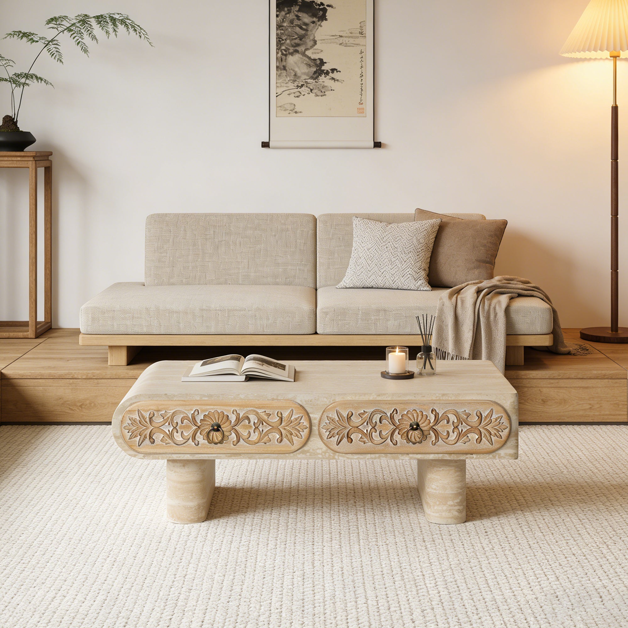 Rounded Edge Coffee Table with Flower Pattern Solid Wood Drawer