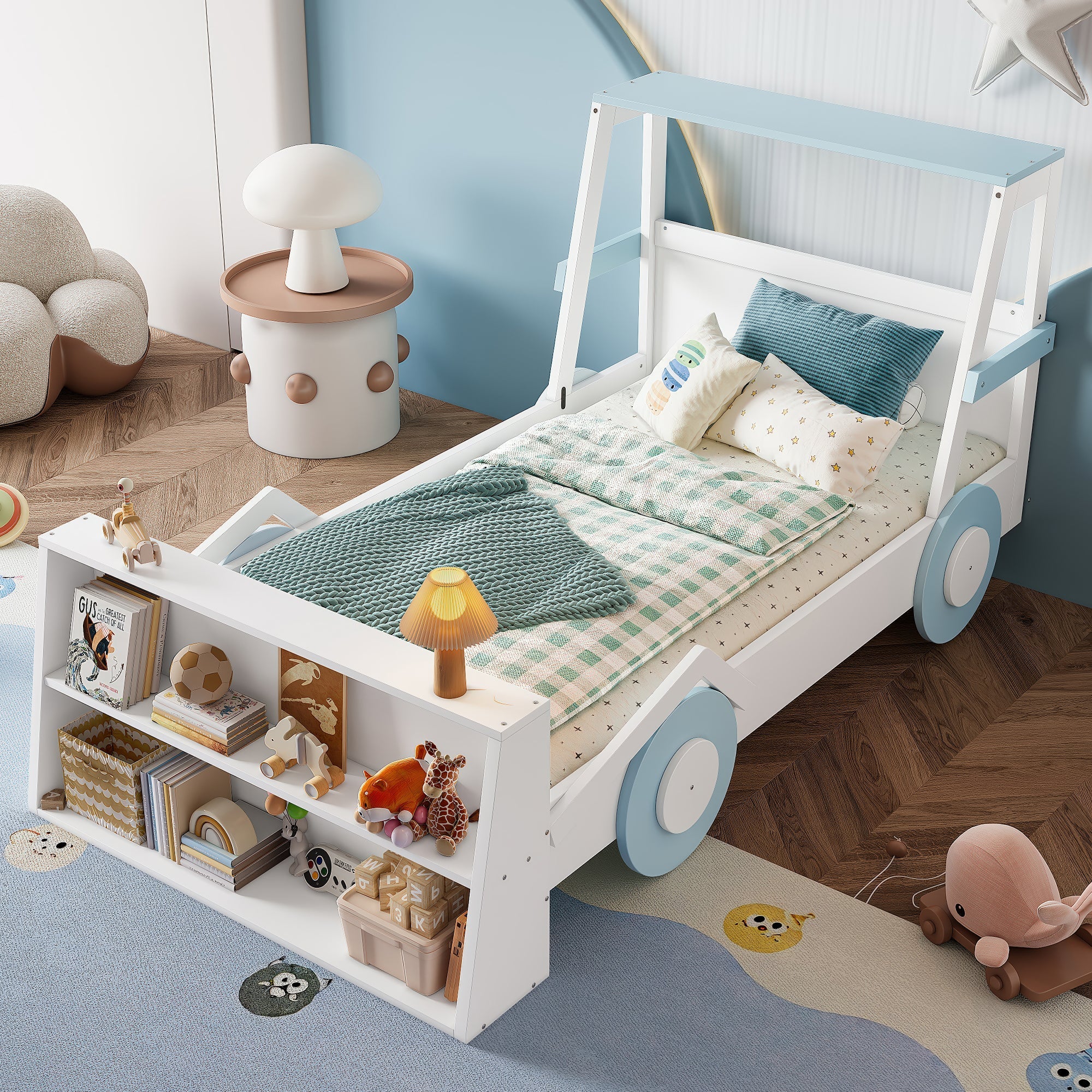 Twin Size Car Bed with Storage Shelves, Kids Platform Bed