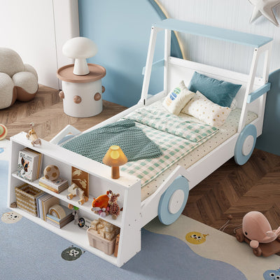 Twin Size Car Bed with Storage Shelves, Kids Platform Bed
