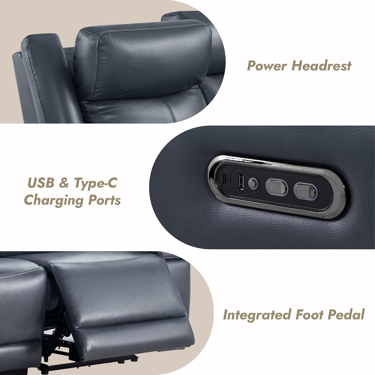 Navy Leather Power Recliner Sofa