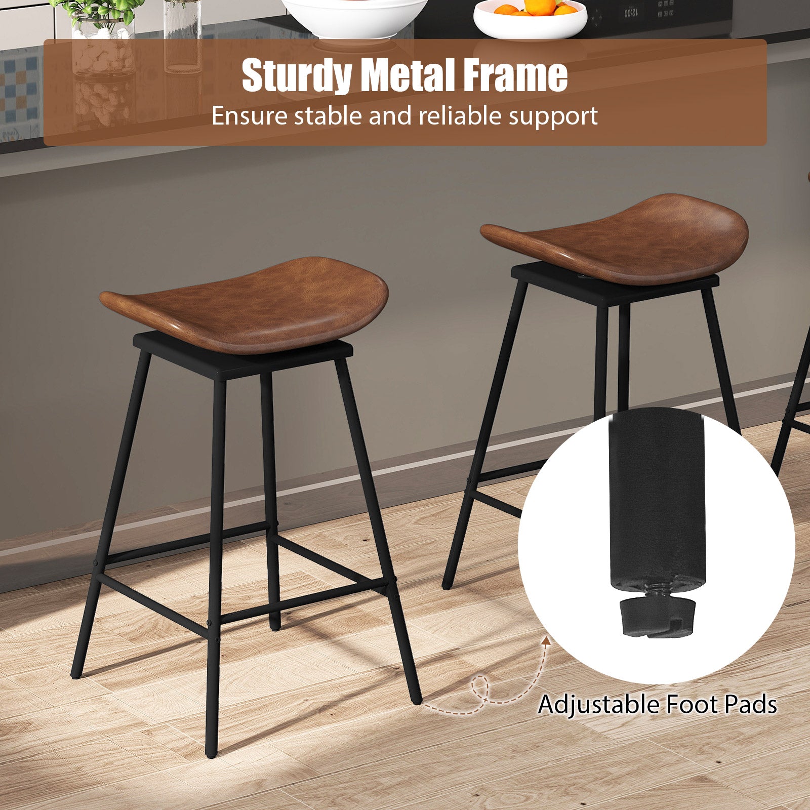 Set of 2 Swivel Barstools Faux Leather Upholstered Backless with Footrest