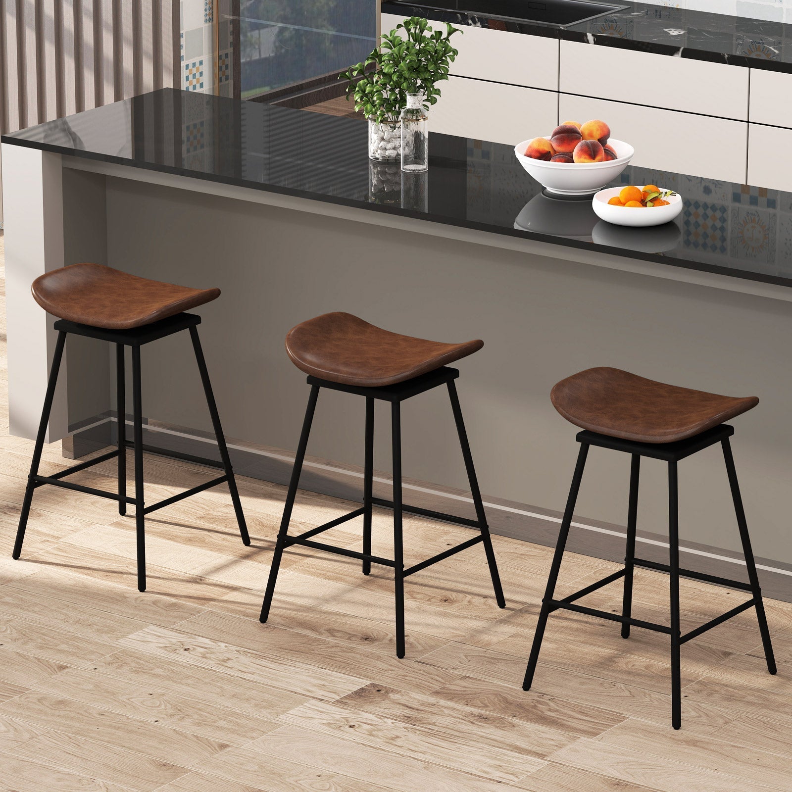 Set of 2 Swivel Barstools Faux Leather Upholstered Backless with Footrest