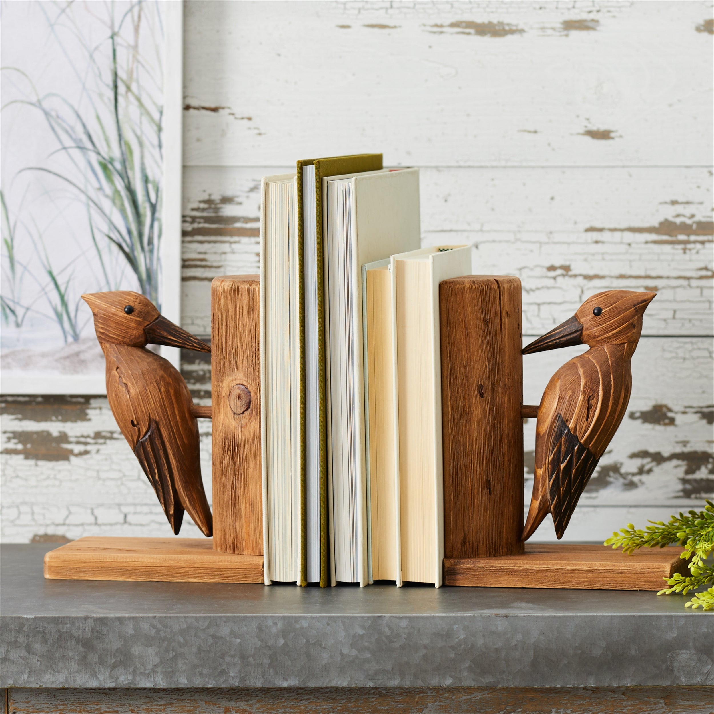 Set of 2 Rustic Pine Wood Woodpecker Bookends