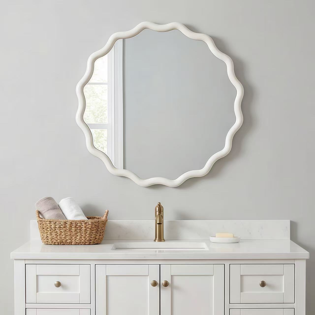 White 24 inch Wavy Round Solid Wood Frame Decorative Mirror