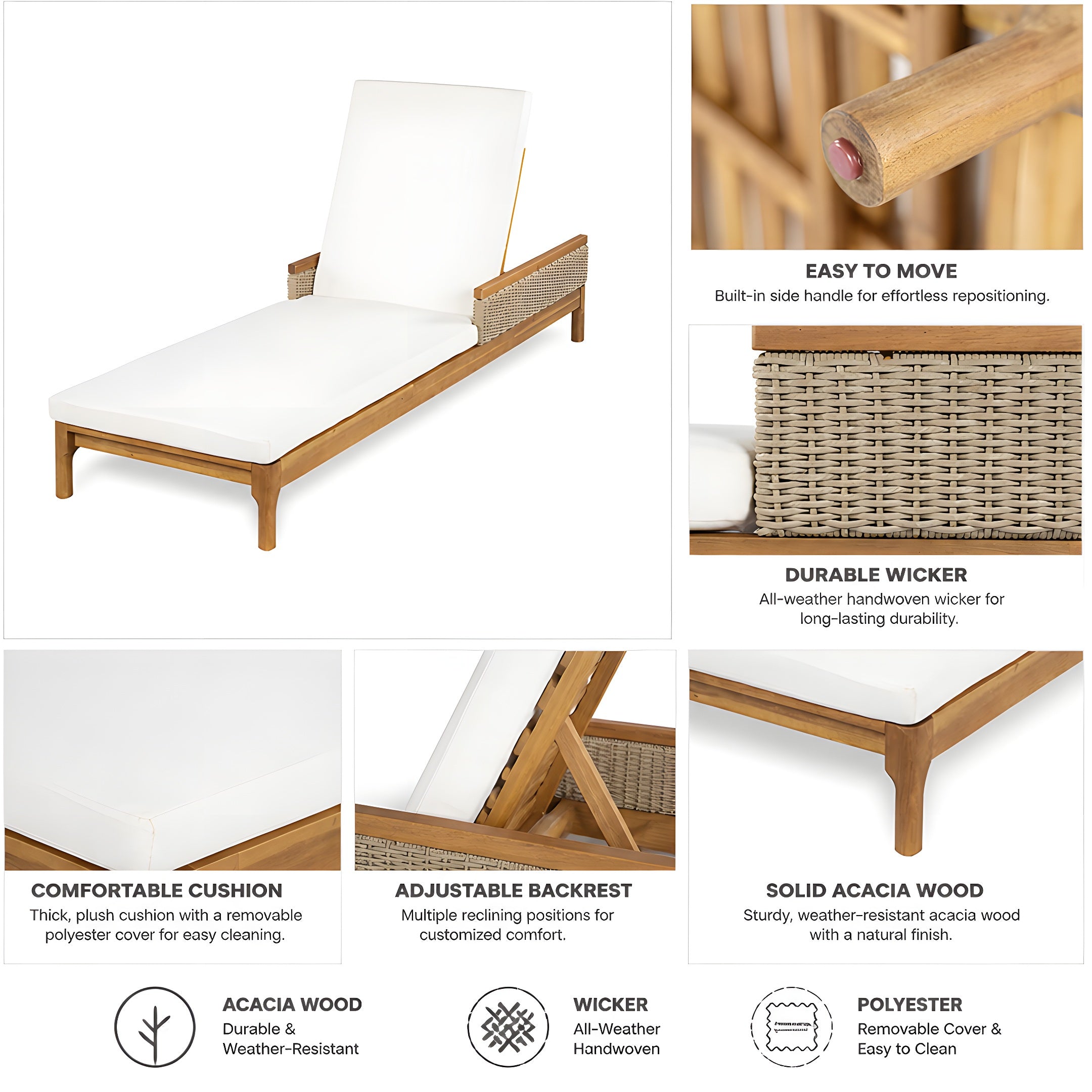 Genuine Solid Acacia Wood Sun Chaise Lounger